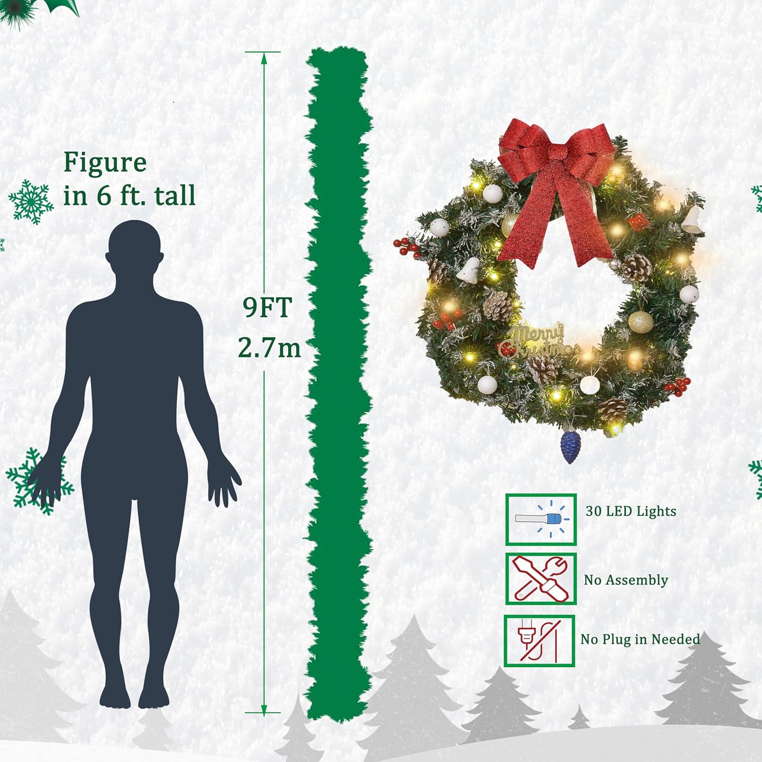 9FT Pre-Lit Christmas Garland Snow Tipped Green Pine Pinecone Red Berries Wreath