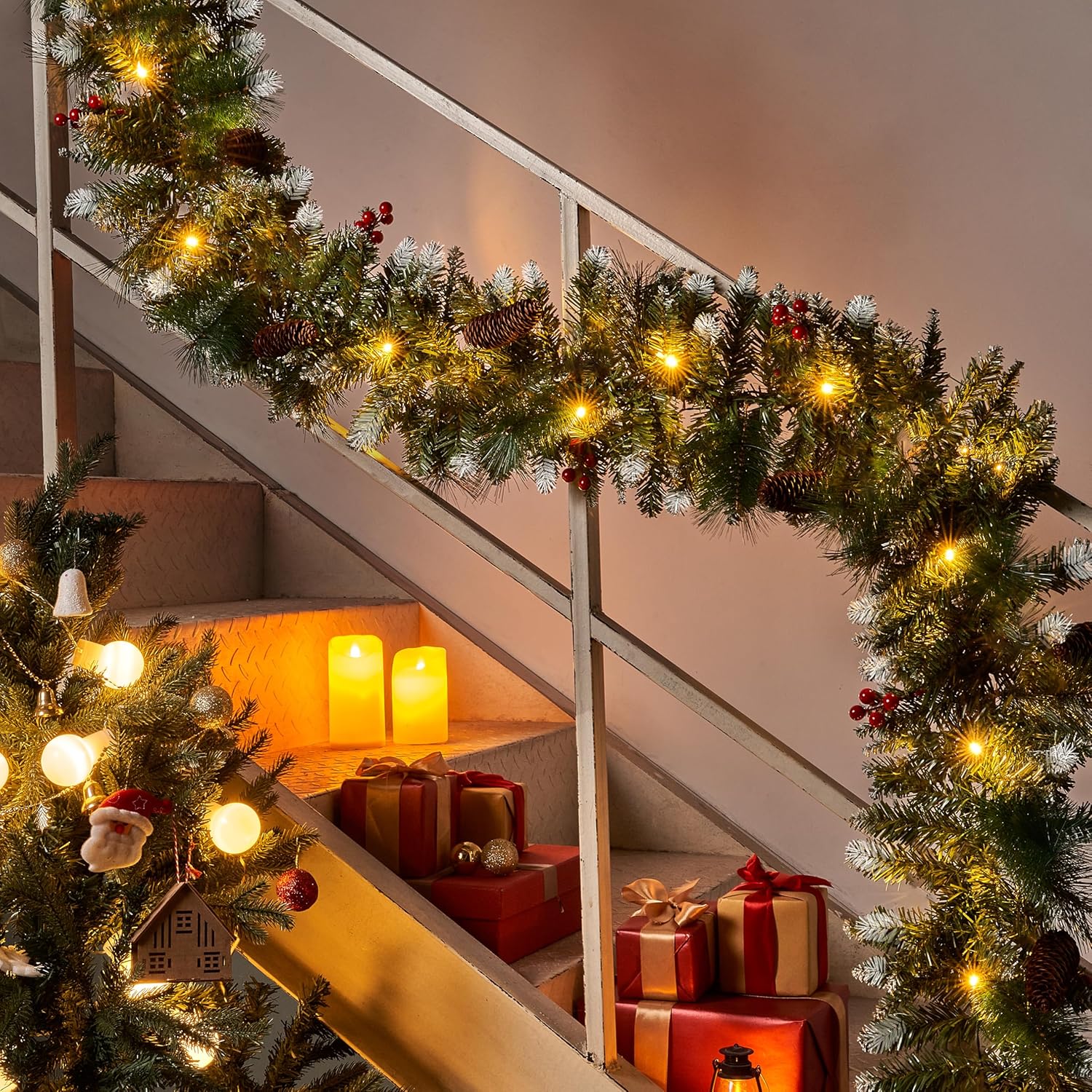 9FT Pre-Lit Christmas Garland Snow Tipped Green Pine Pinecone Red Berries Wreath