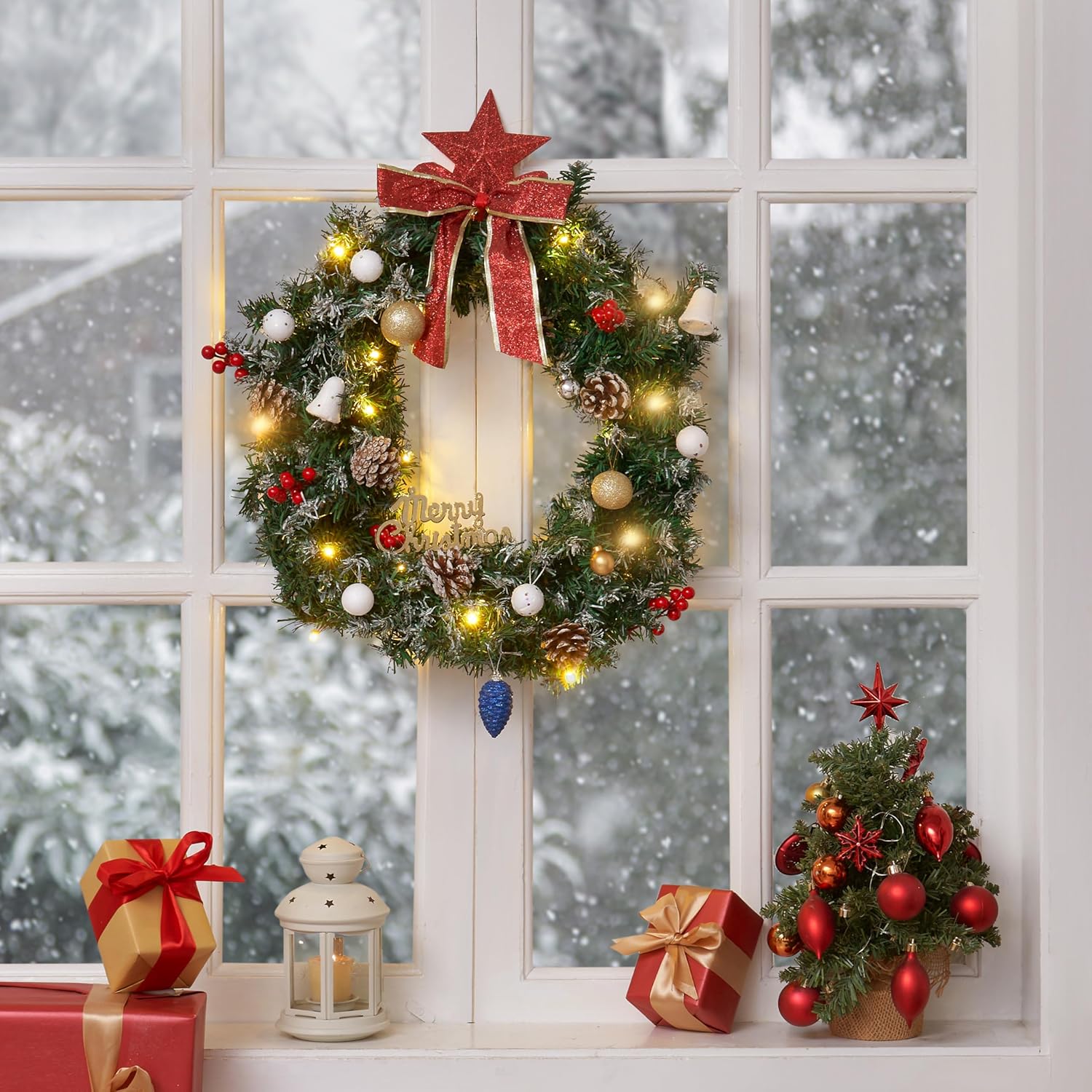 9FT Pre-Lit Christmas Garland Snow Tipped Green Pine Pinecone Red Berries Wreath