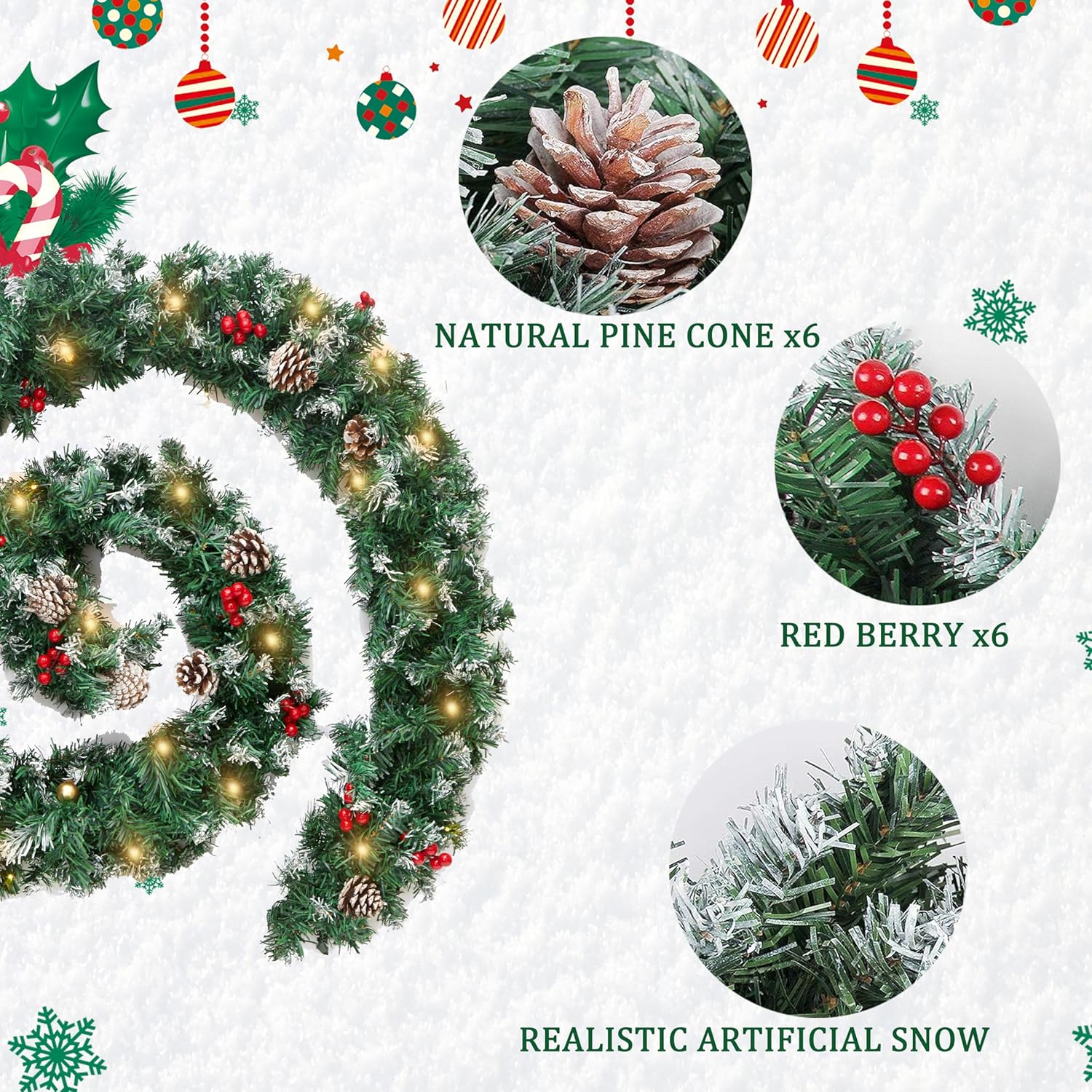 9FT Pre-Lit Christmas Garland Snow Tipped Green Pine Pinecone Red Berries Wreath