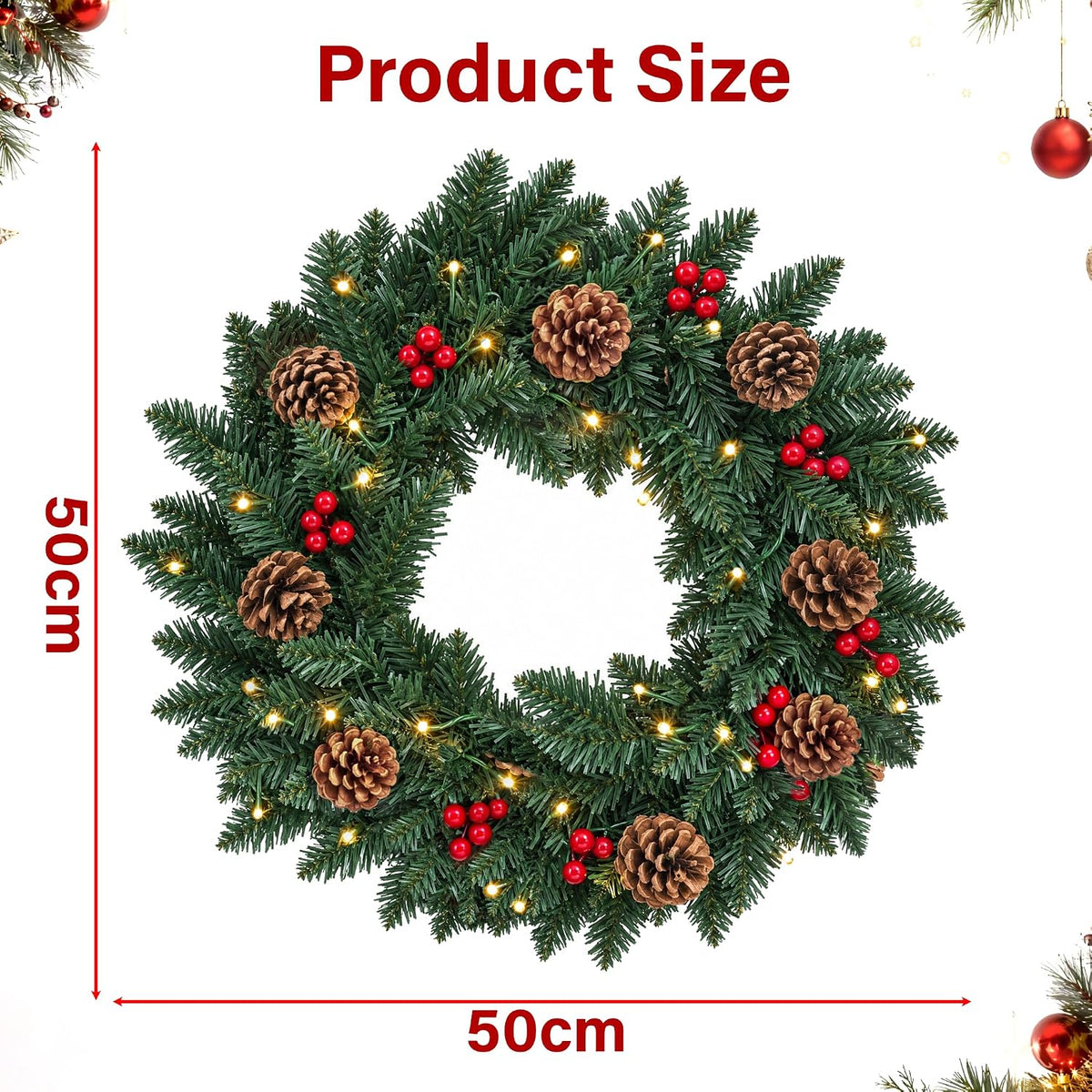 45cm Pre-Lit Christmas Wreath with 35 Warm LED Lights Pine Cones & Red Berries