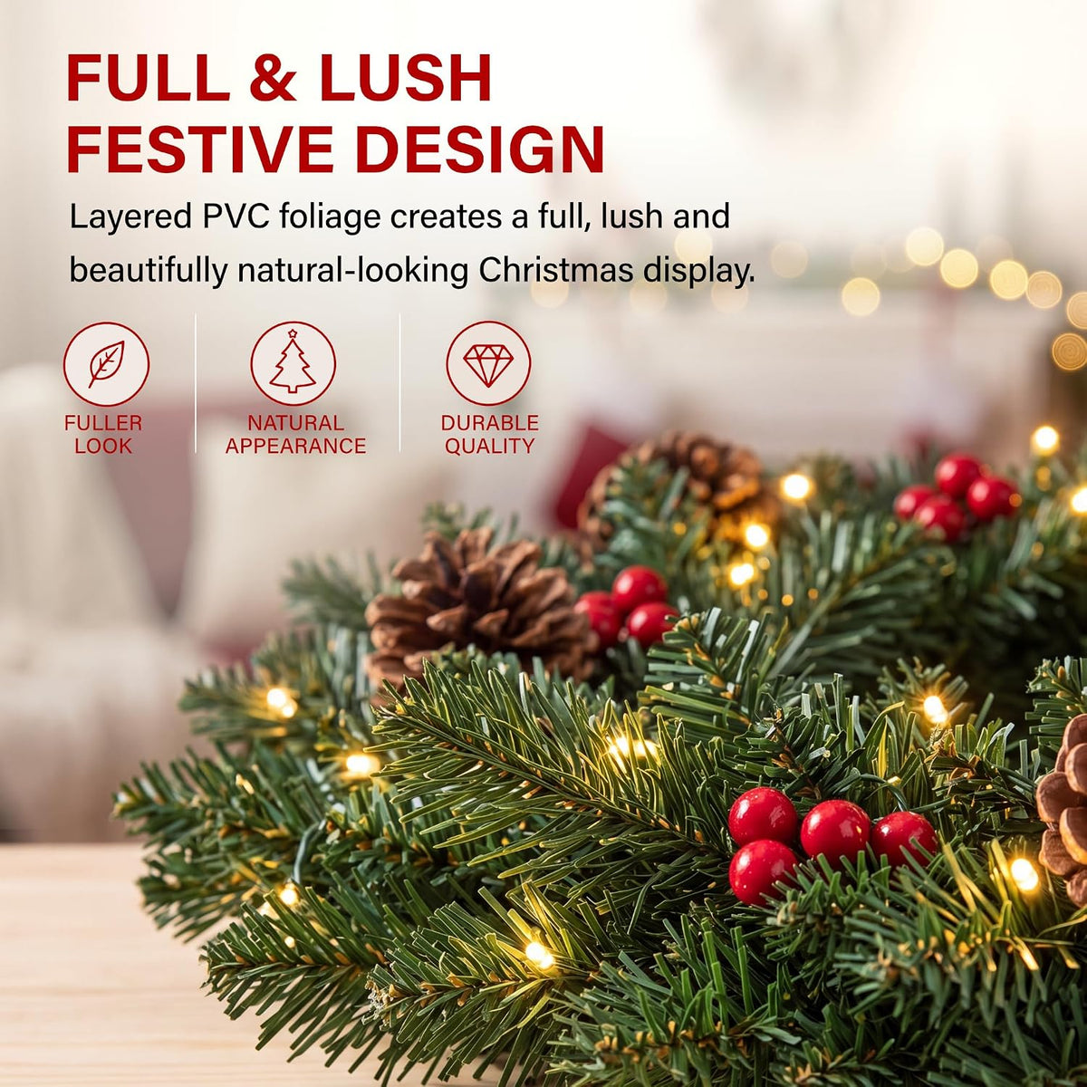 45cm Pre-Lit Christmas Wreath with 35 Warm LED Lights Pine Cones & Red Berries