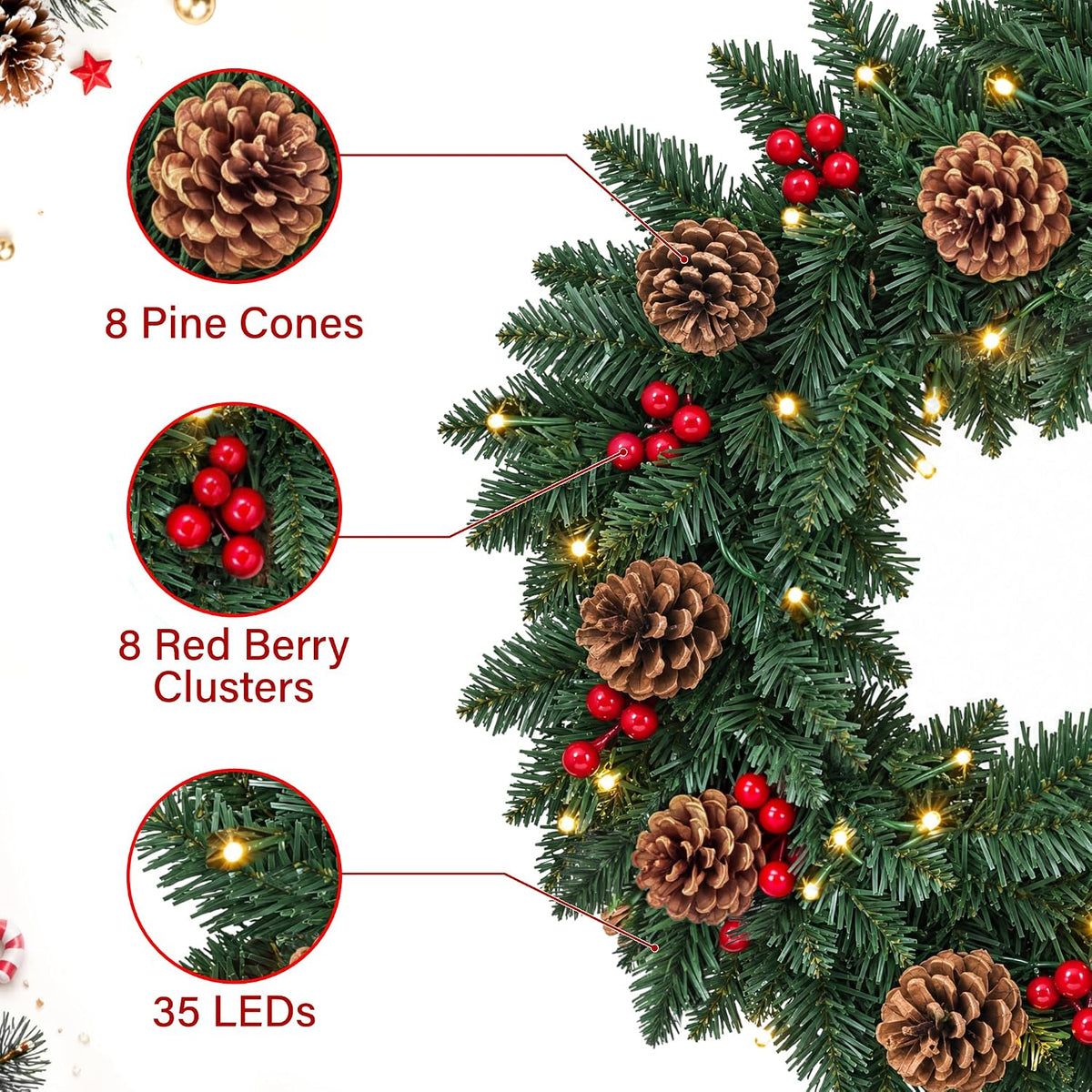 45cm Pre-Lit Christmas Wreath with 35 Warm LED Lights Pine Cones & Red Berries