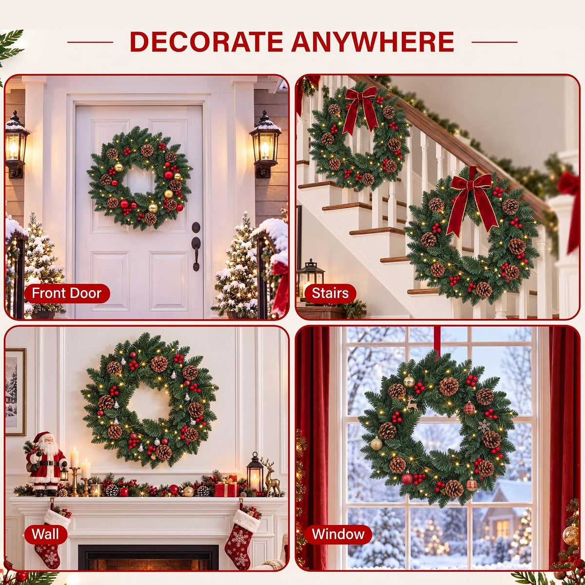 45cm Pre-Lit Christmas Wreath with 35 Warm LED Lights Pine Cones & Red Berries