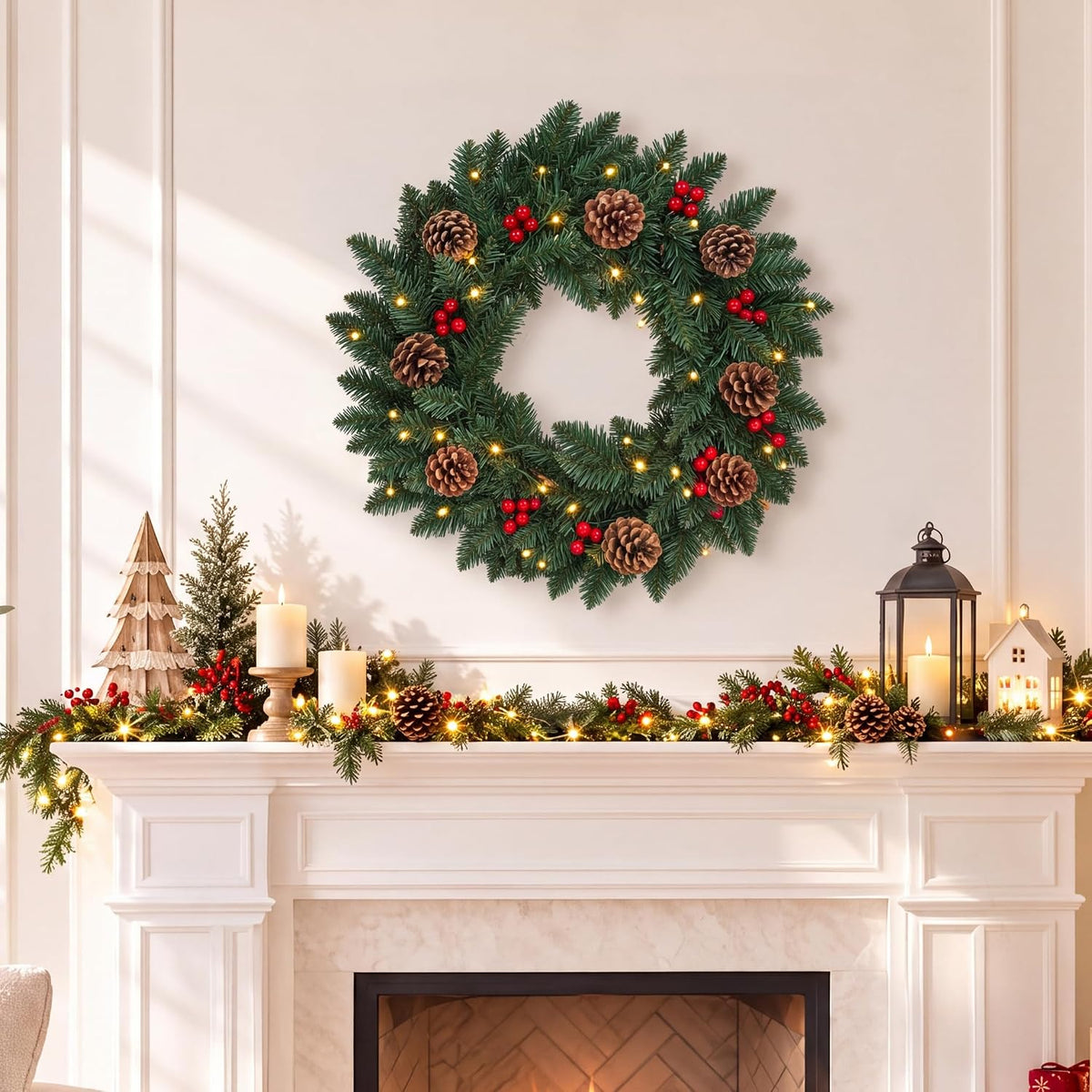 45cm Pre-Lit Christmas Wreath with 35 Warm LED Lights Pine Cones & Red Berries