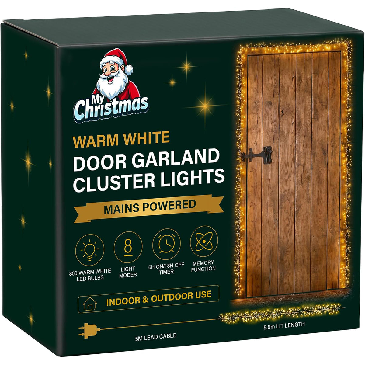 18ft Christmas Door Garland with 800 LED Cluster Lights Timer 8 Modes Fireplace