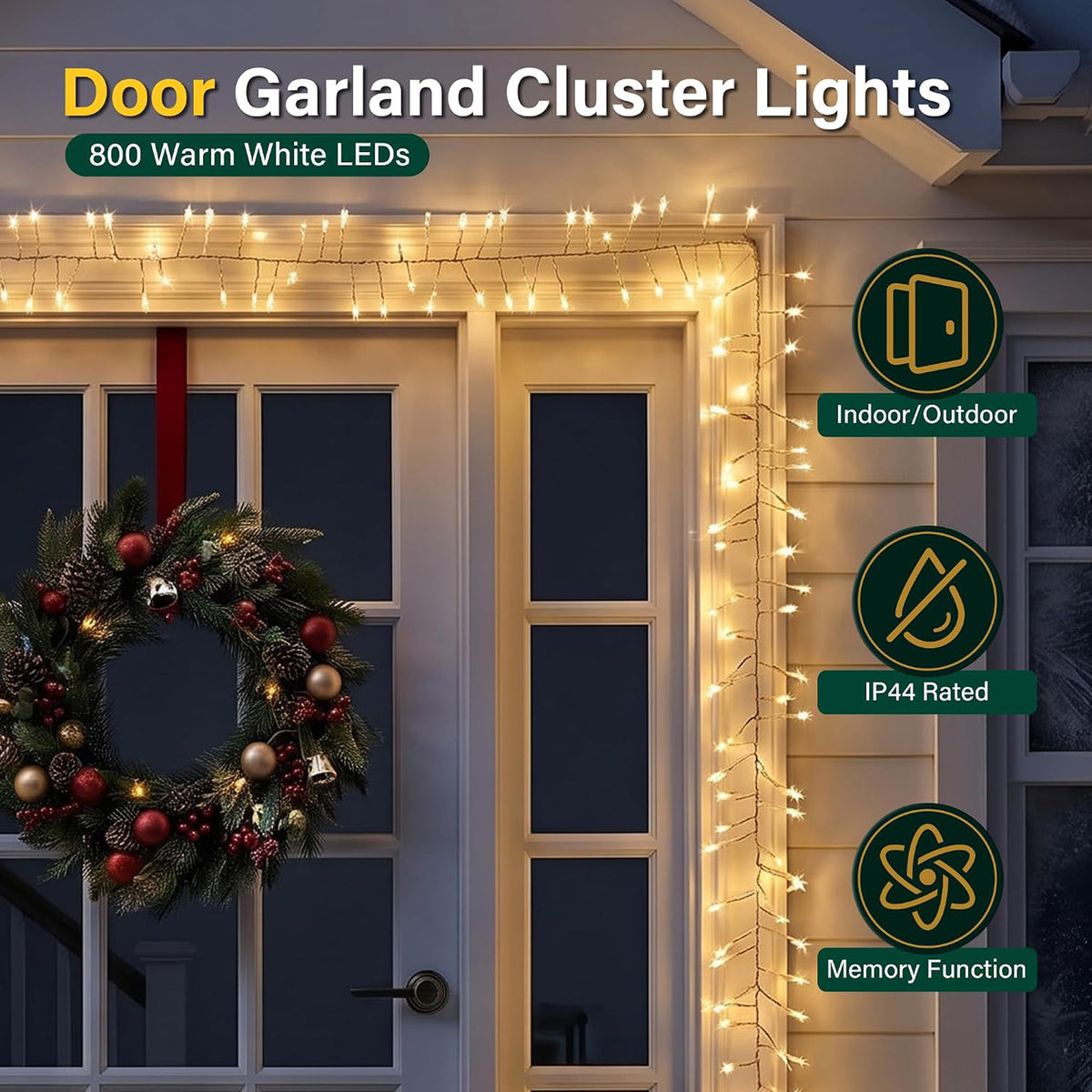 18ft Christmas Door Garland with 800 LED Cluster Lights Timer 8 Modes Fireplace