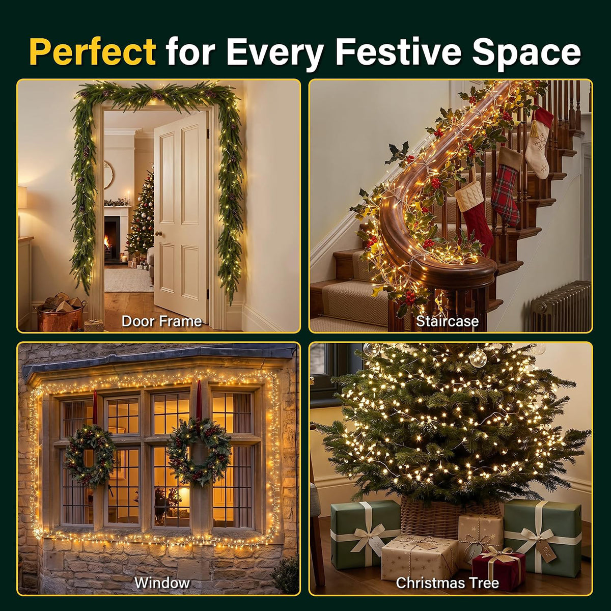18ft Christmas Door Garland with 800 LED Cluster Lights Timer 8 Modes Fireplace