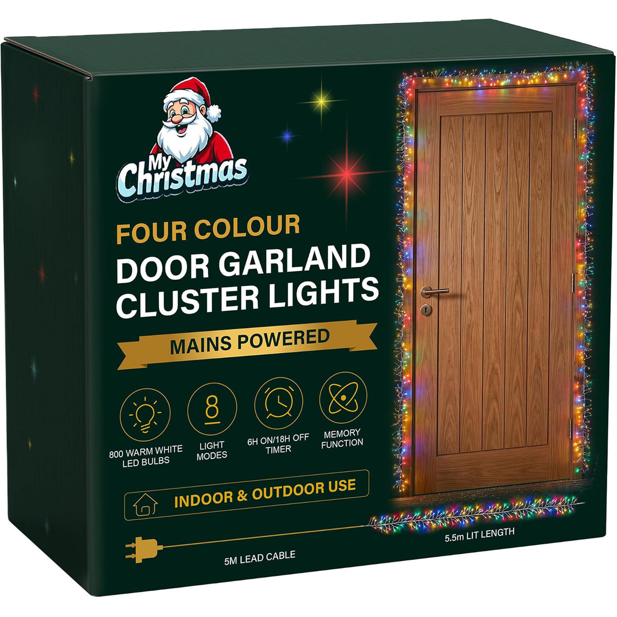 18ft Christmas Door Garland with 800 LED Cluster Lights Timer 8 Modes Fireplace