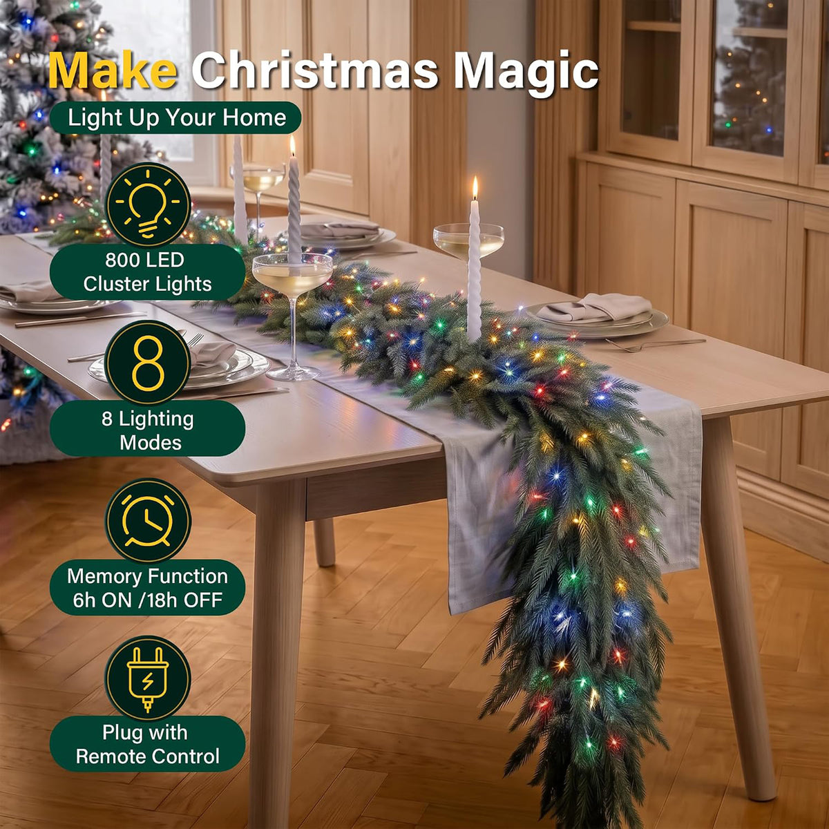 18ft Christmas Door Garland with 800 LED Cluster Lights Timer 8 Modes Fireplace
