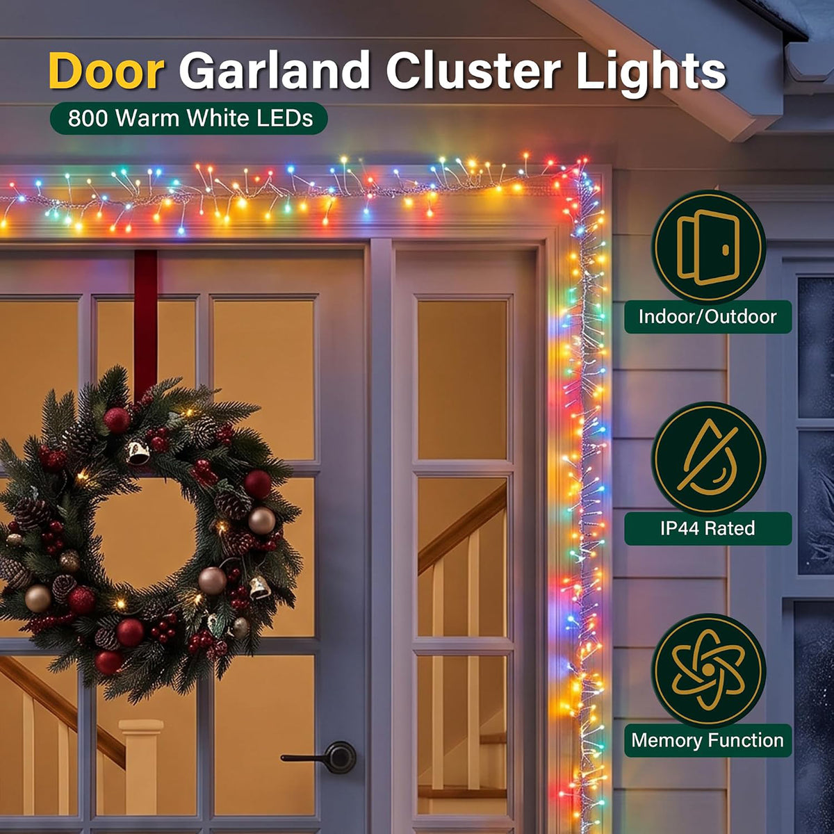 18ft Christmas Door Garland with 800 LED Cluster Lights Timer 8 Modes Fireplace