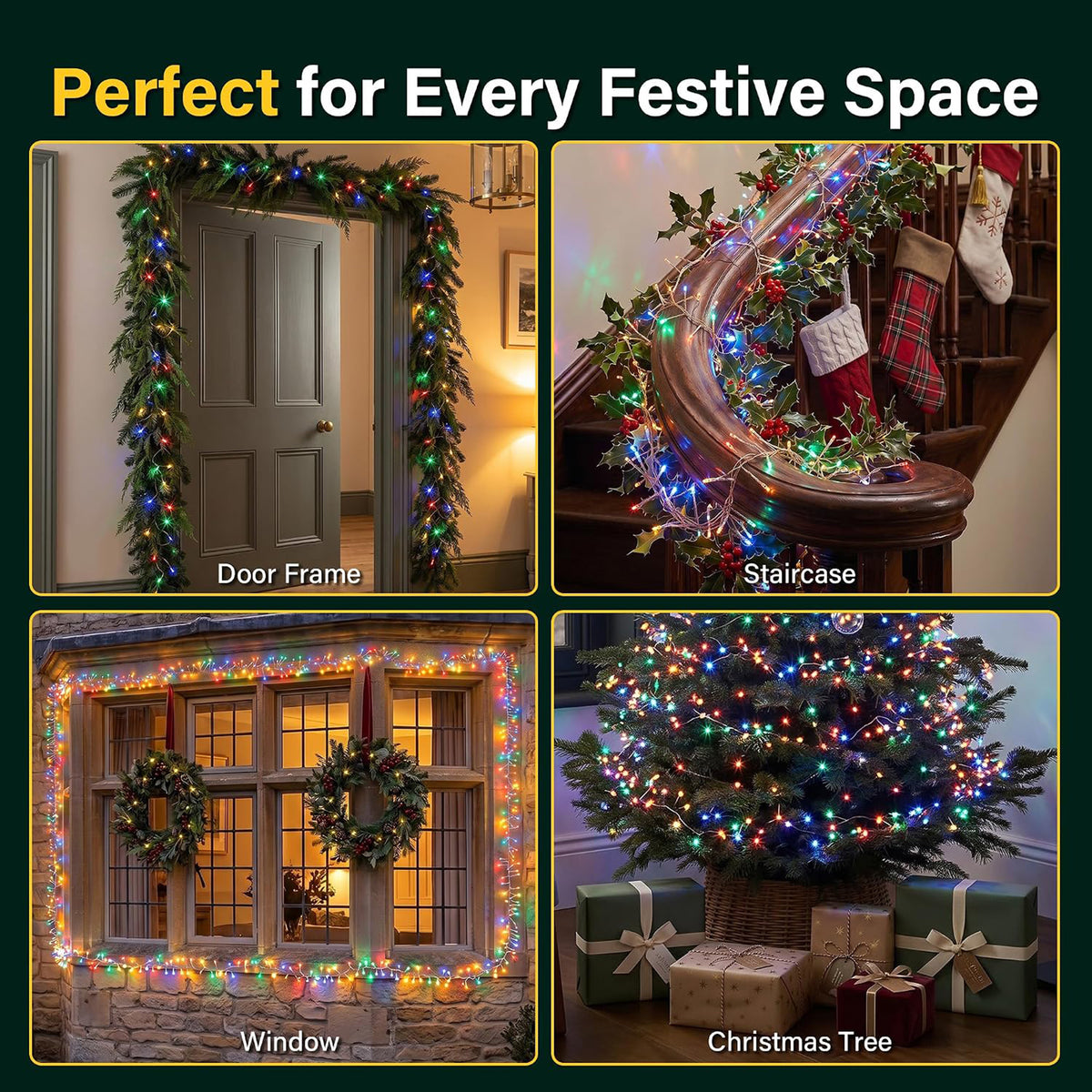 18ft Christmas Door Garland with 800 LED Cluster Lights Timer 8 Modes Fireplace