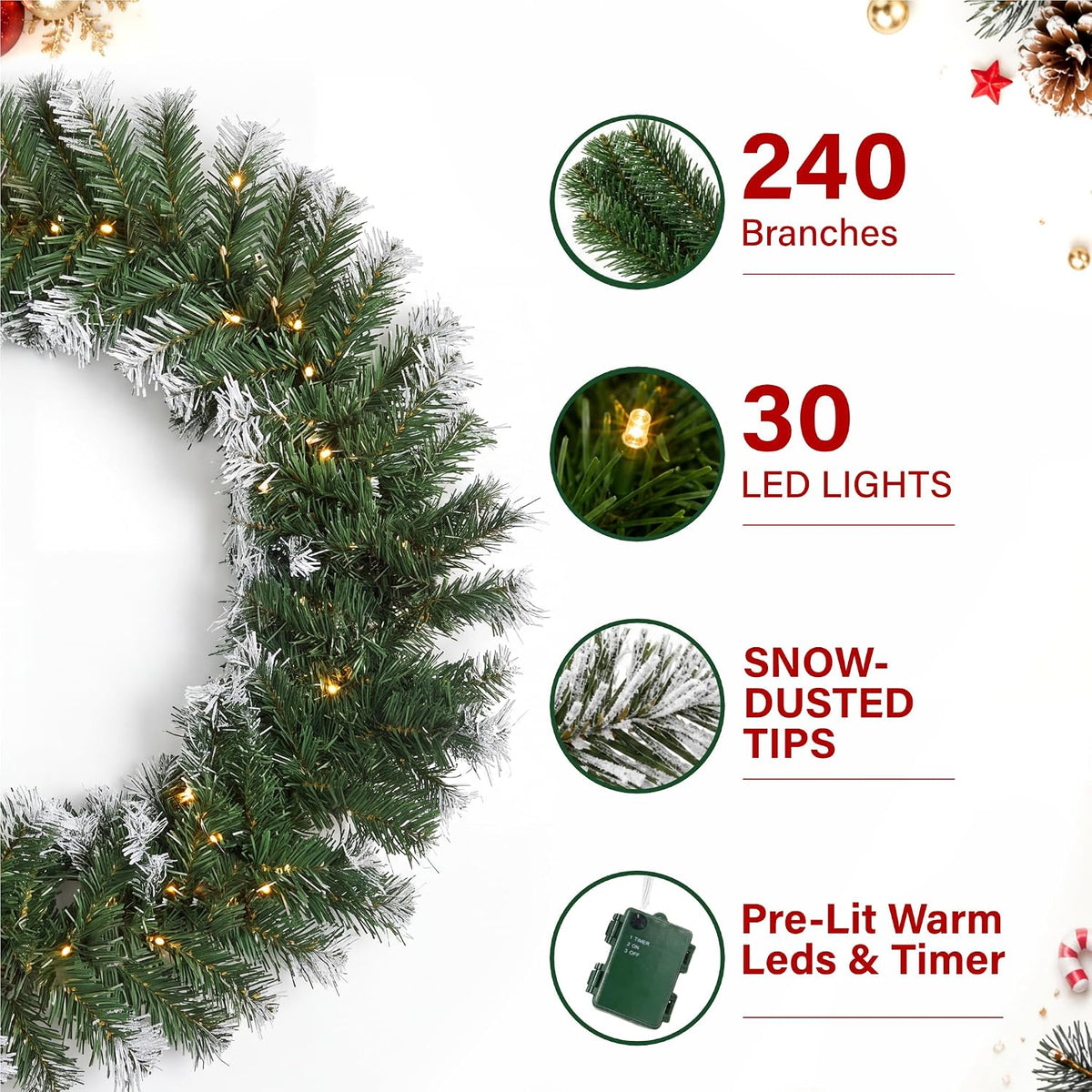 9ft Pre-Lit Artificial Christmas Garland PVC Christmas Decor 30 Warm LED Lights