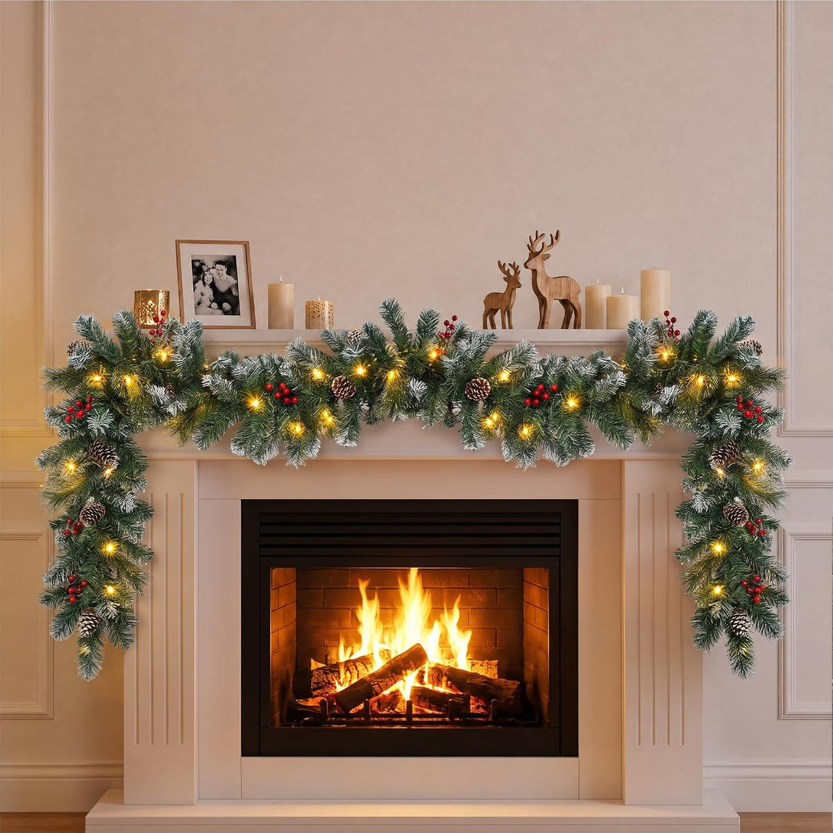 9ft Artificial Christmas Garland Decor with 30 LED Lights Pine Cone Baubles