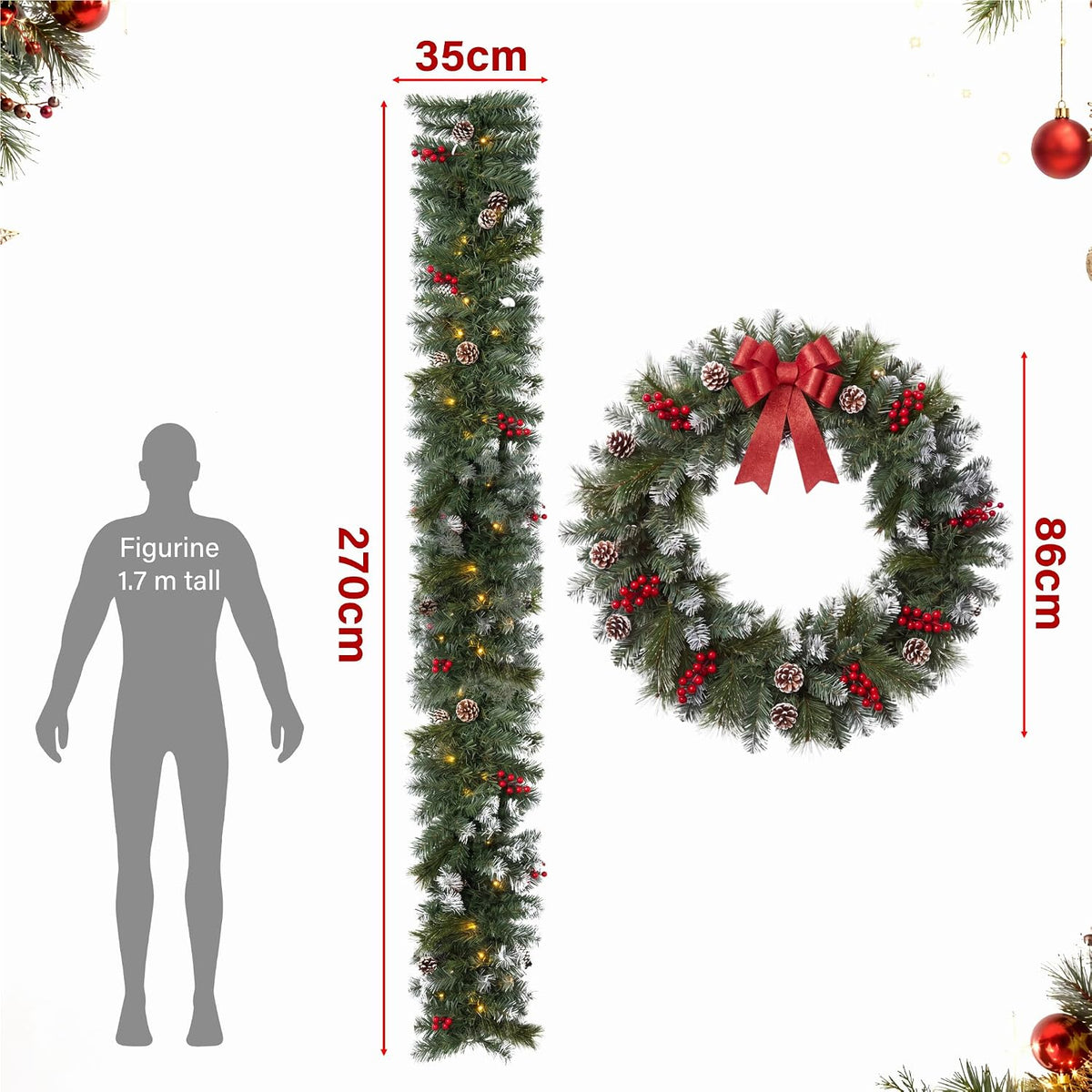 9ft Artificial Christmas Garland Decor with 30 LED Lights Pine Cone Baubles