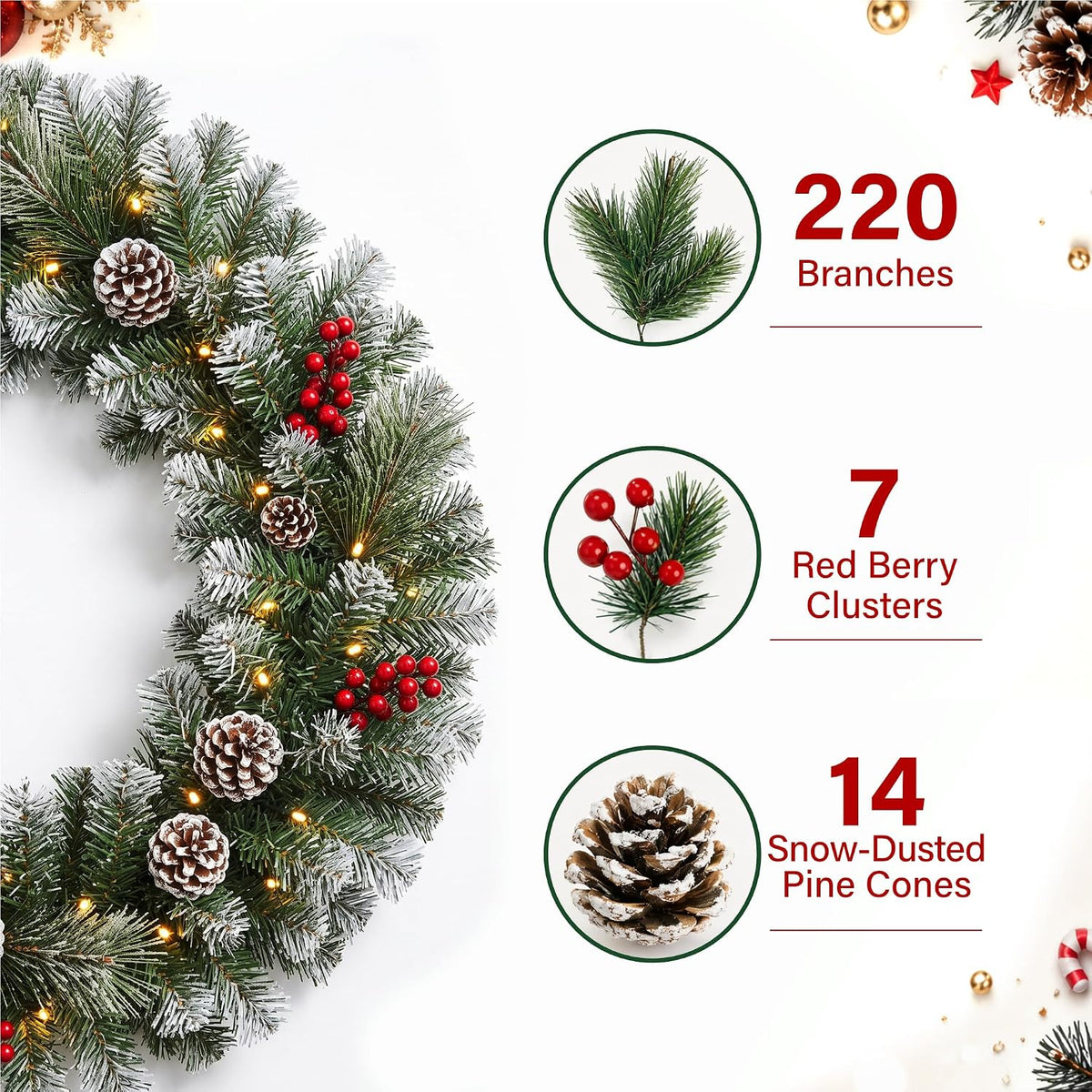 9ft Artificial Christmas Garland Decor with 30 LED Lights Pine Cone Baubles