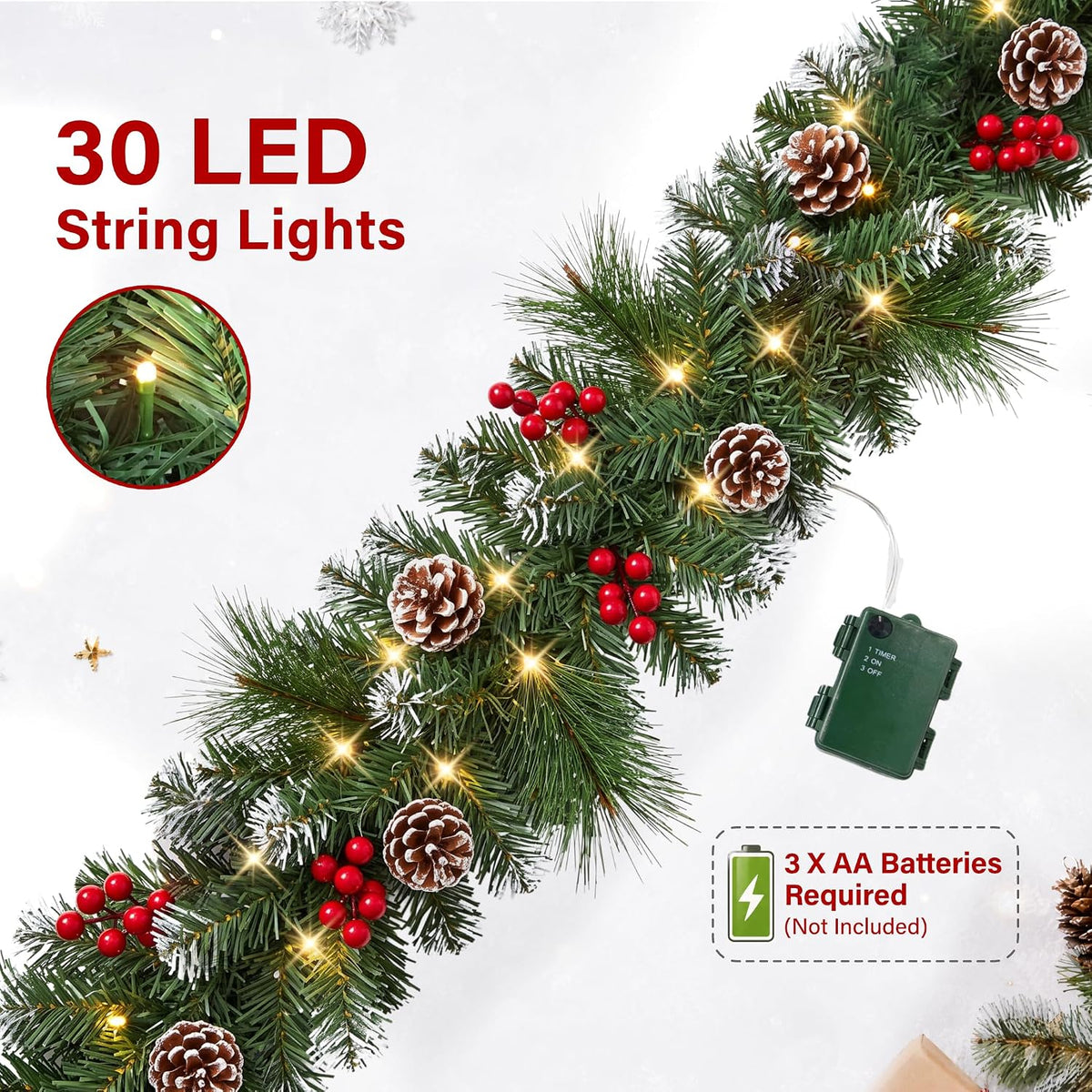9ft Artificial Christmas Garland Decor with 30 LED Lights Pine Cone Baubles