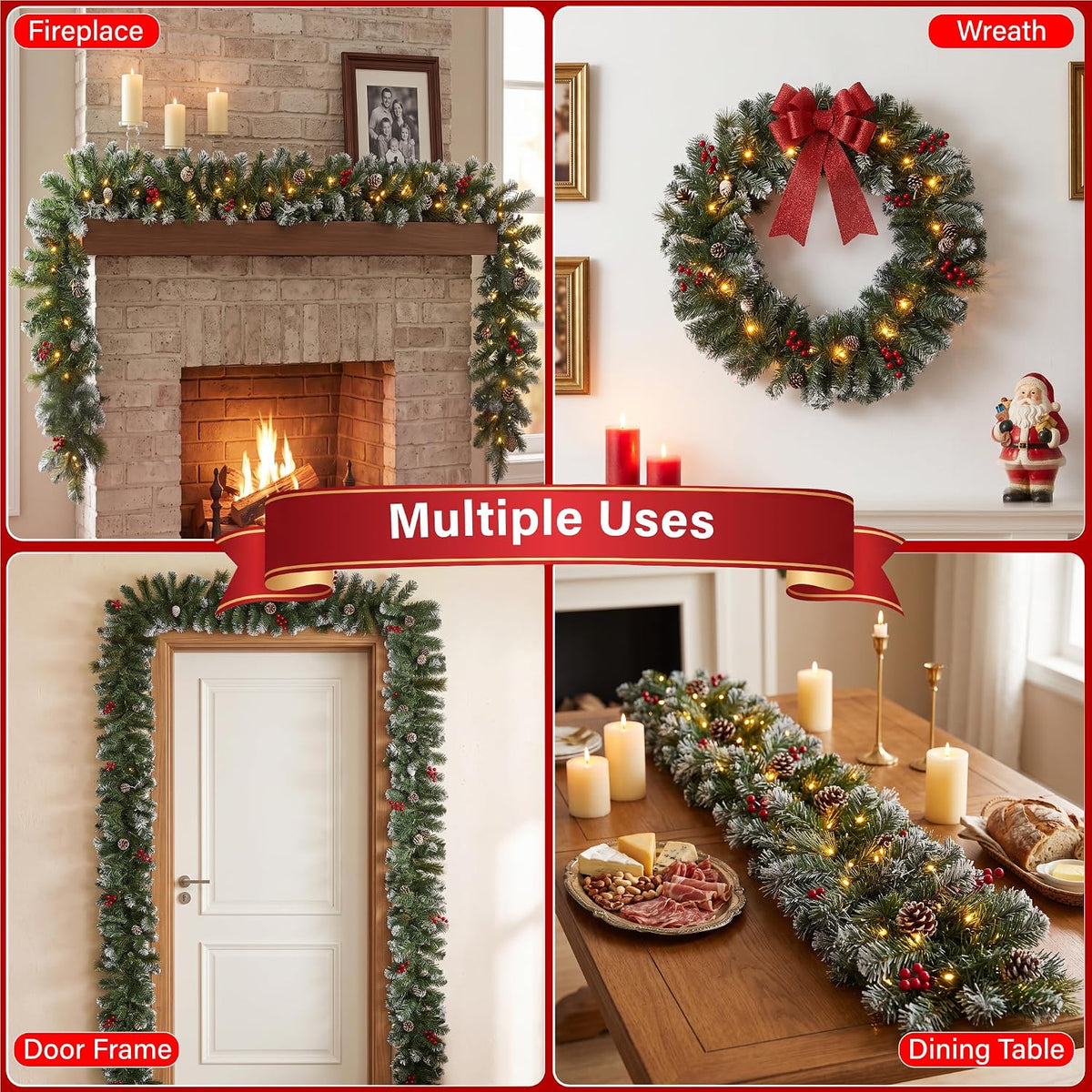 9ft Artificial Christmas Garland Decor with 30 LED Lights Pine Cone Baubles