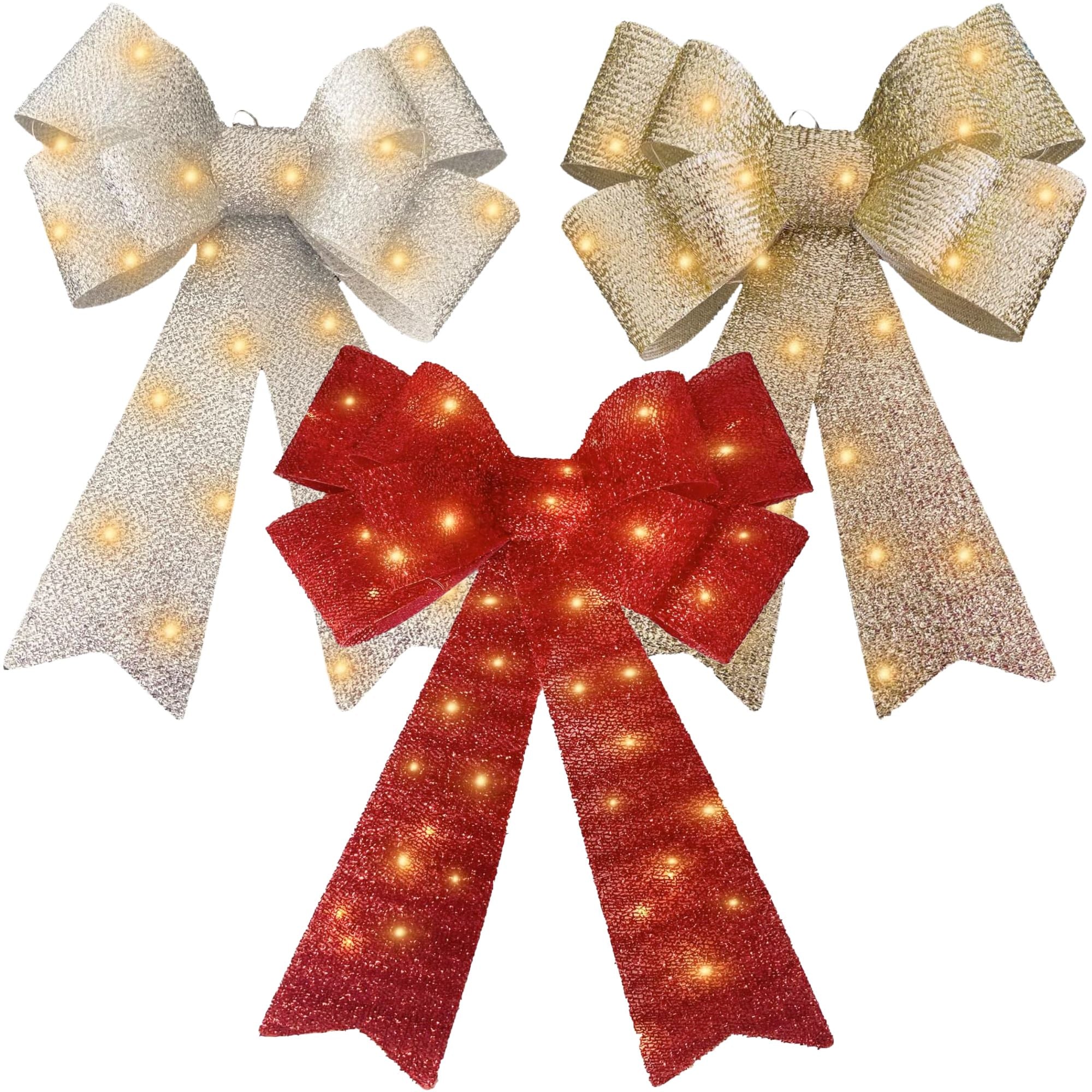 Large Bows Christmas Tree Decoration with 30 Warm LED Lights Glitter Wreath Xmas