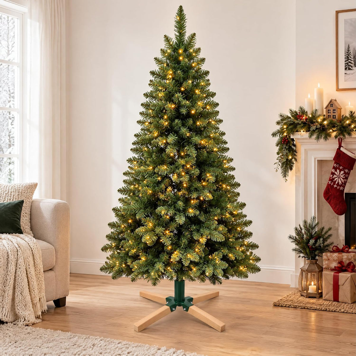 Foldable Christmas Tree Stand Beech Wood & Metal Holder Base Xmas Festival Decor