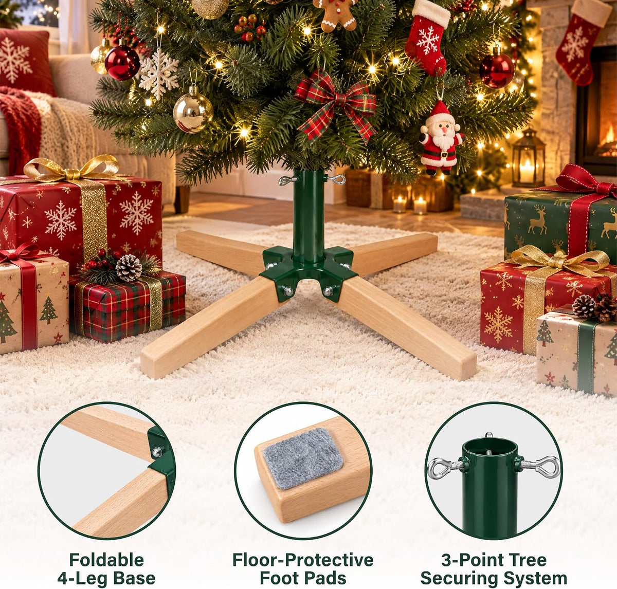 Foldable Christmas Tree Stand Beech Wood & Metal Holder Base Xmas Festival Decor