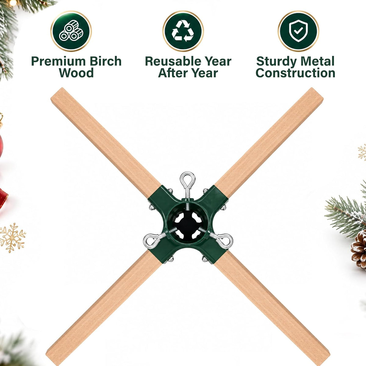 Foldable Christmas Tree Stand Beech Wood & Metal Holder Base Xmas Festival Decor