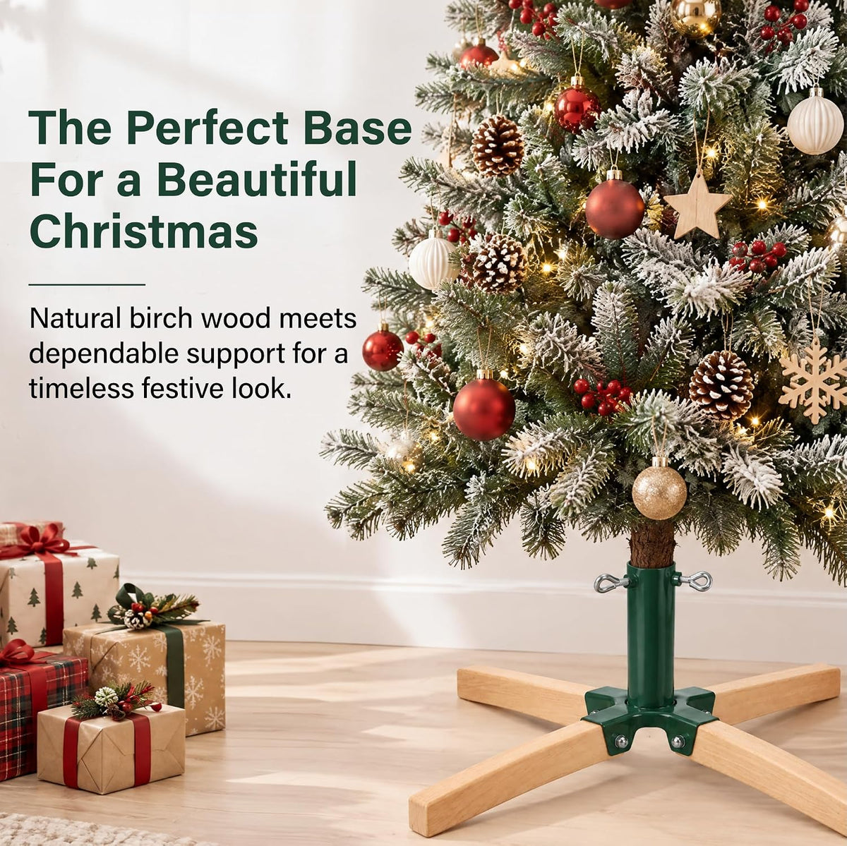 Foldable Christmas Tree Stand Beech Wood & Metal Holder Base Xmas Festival Decor