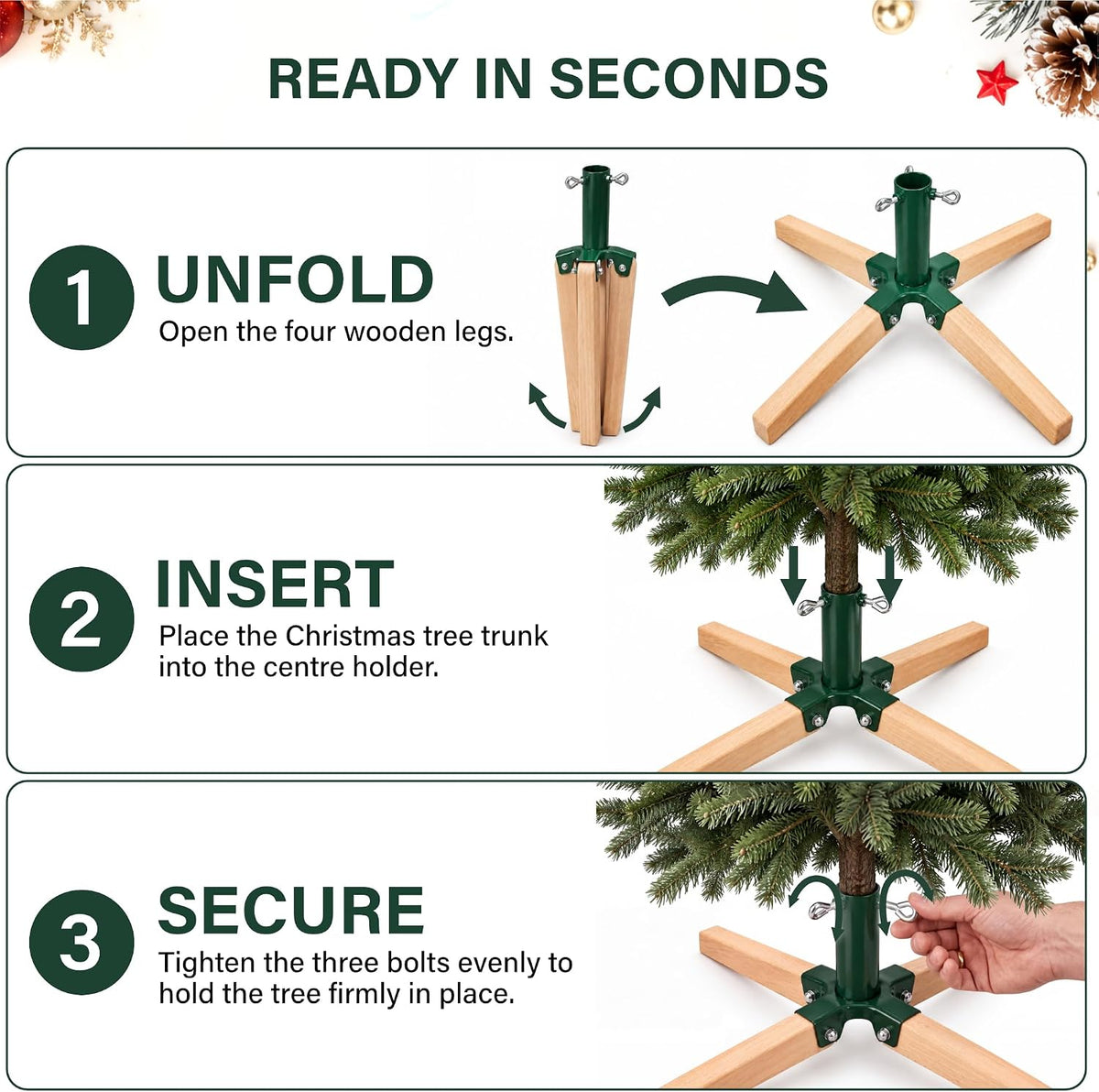 Foldable Christmas Tree Stand Beech Wood & Metal Holder Base Xmas Festival Decor