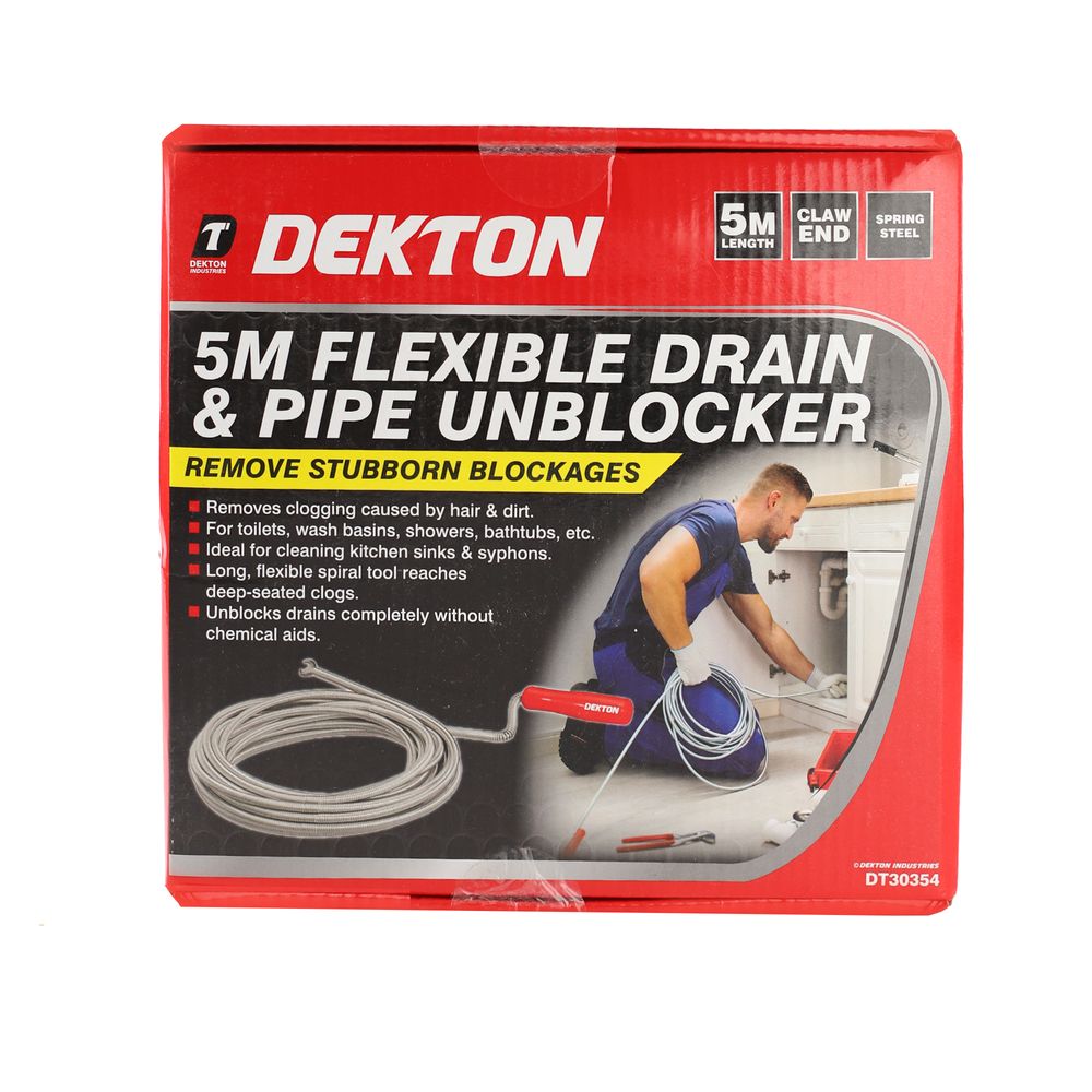 Dekton 3m 5m Drain Waste Pipe Sink Cleaner Unblocker Spring Rod Toilet Plug