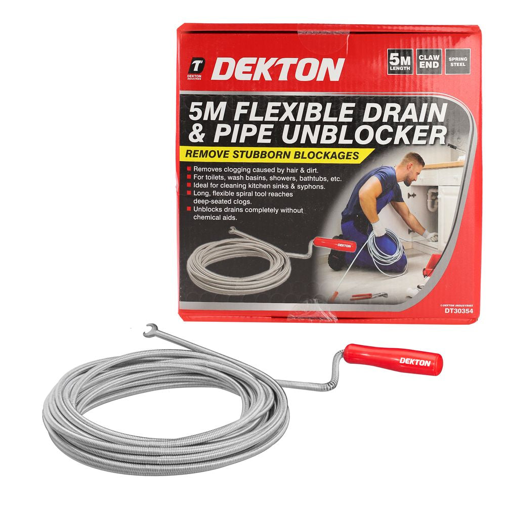 Dekton 3m 5m Drain Waste Pipe Sink Cleaner Unblocker Spring Rod Toilet Plug