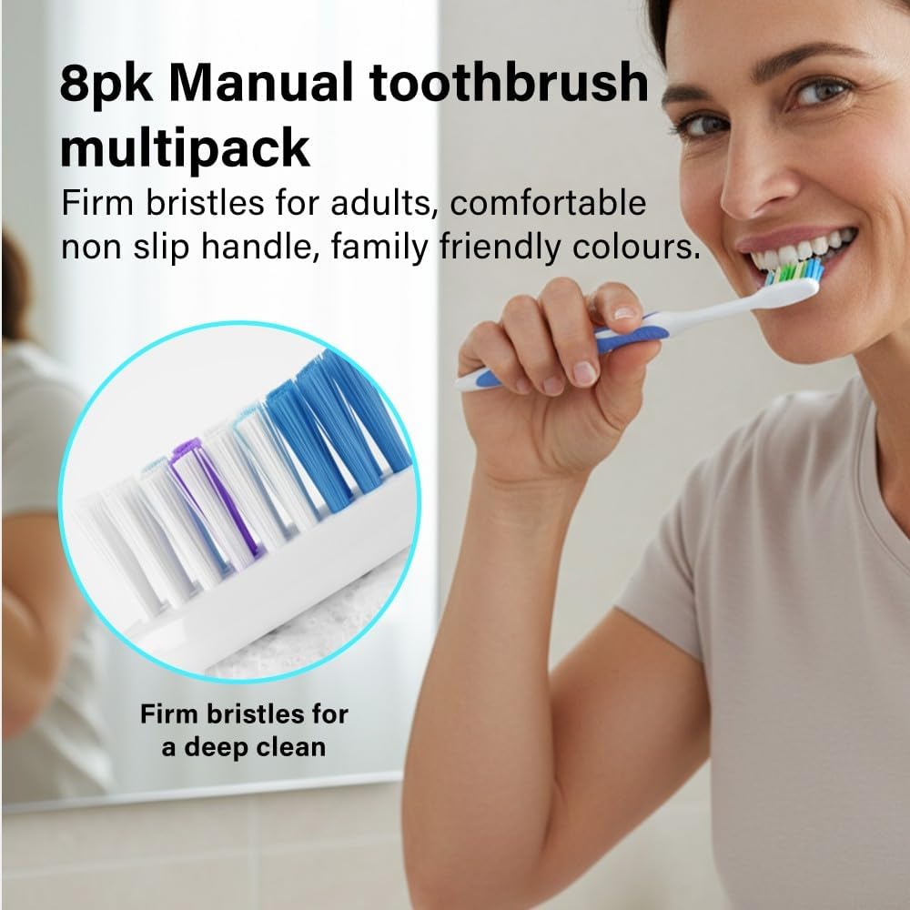 8 Pack Manual Toothbrush Firm Bristles Adults Non-Slip Comfort Grip Family Use