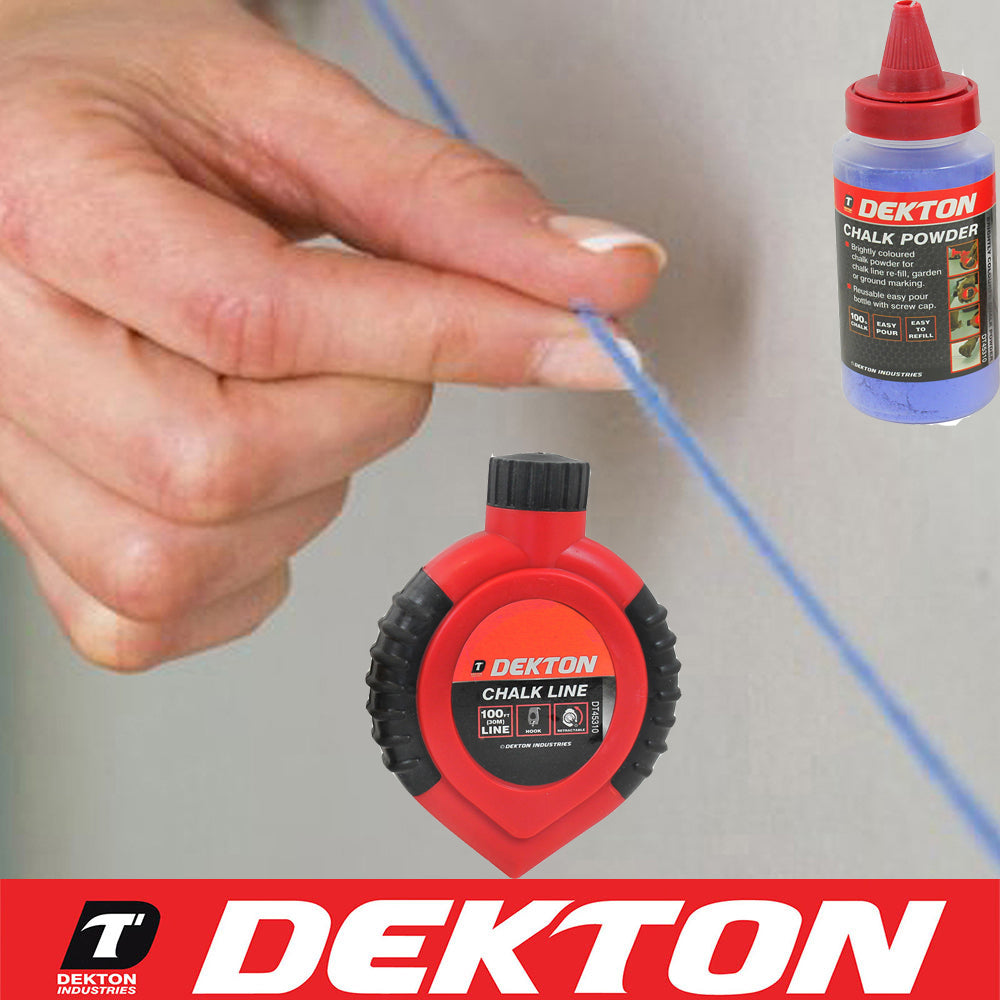 Dekton 2pc Builders Chalk String Line Kit Reel Set 30m (100ft) 4oz Blue Chalk