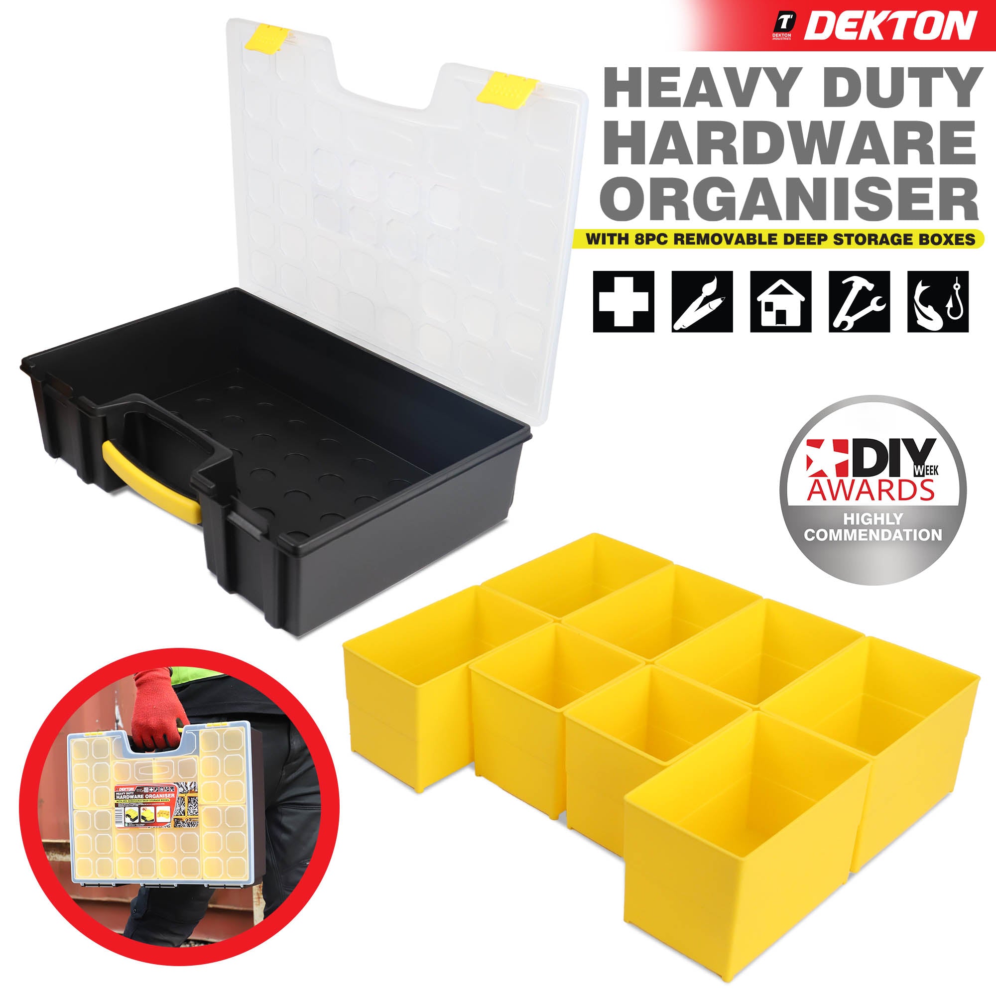 Dekton Heavy Duty Hardware Organiser 8 Removable Storage Boxes Workshop Case