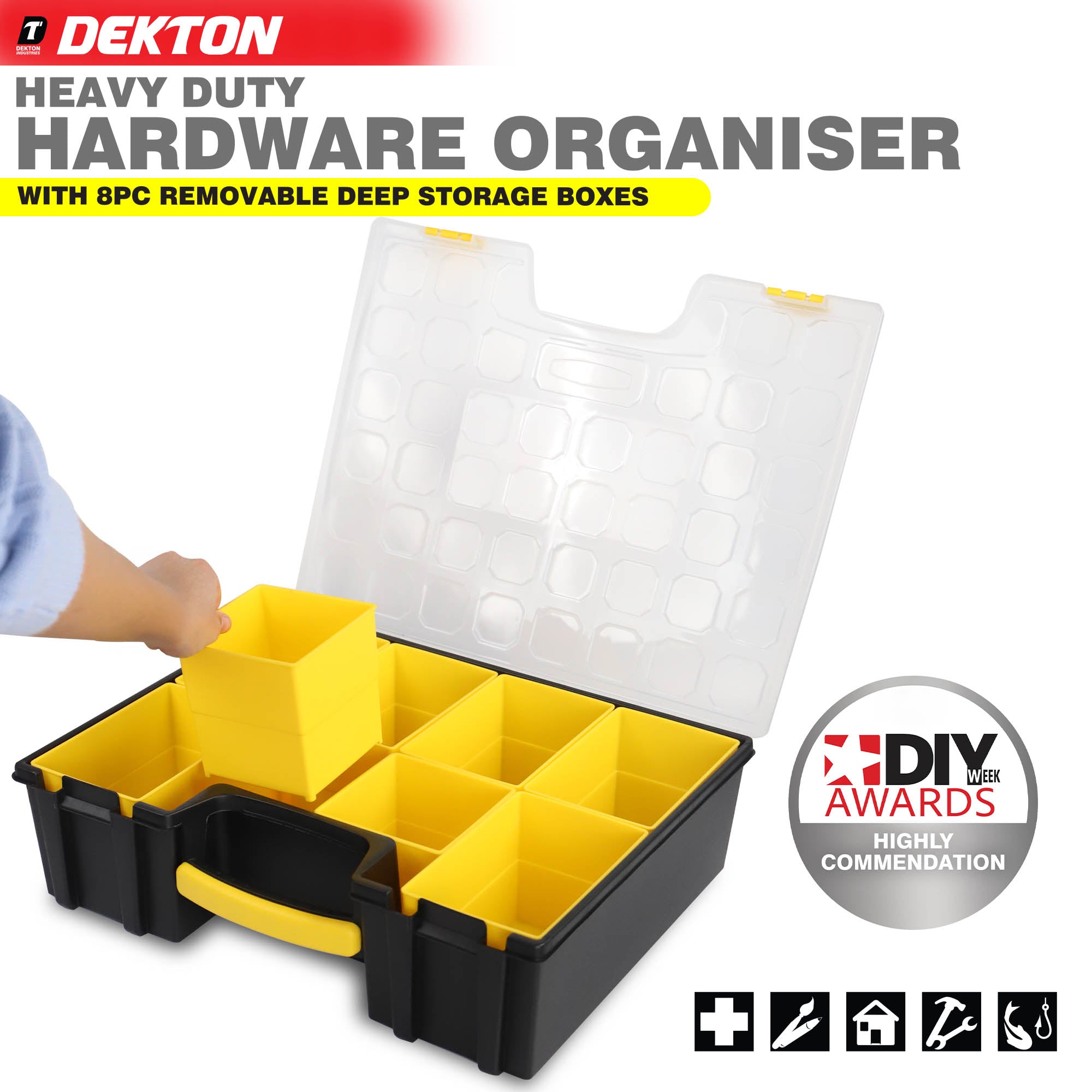 Dekton Heavy Duty Hardware Organiser 8 Removable Storage Boxes Workshop Case