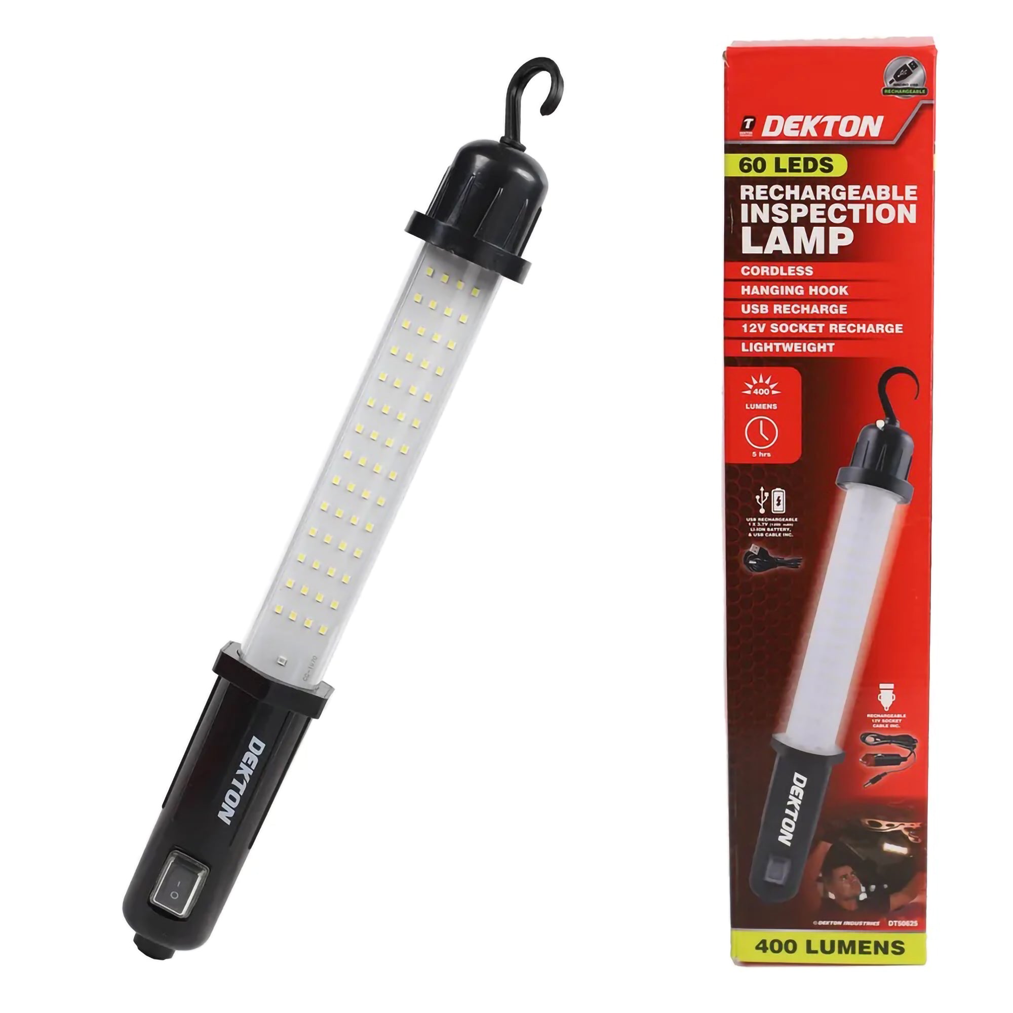 Dekton 400L Cordless USB Rechargeable Hanging Inspection Lamp LED Light Wand 12V