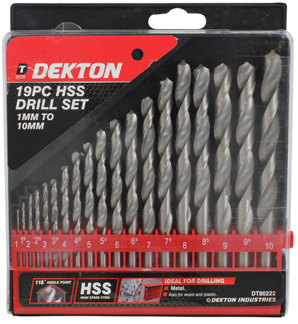 Dekton 19pc Hss Drill Set 1mm To 10mm High Speed Steel Drill Bits, Hss Shank Twist Drill Bits Tools For Wood Plastic And Aluminum