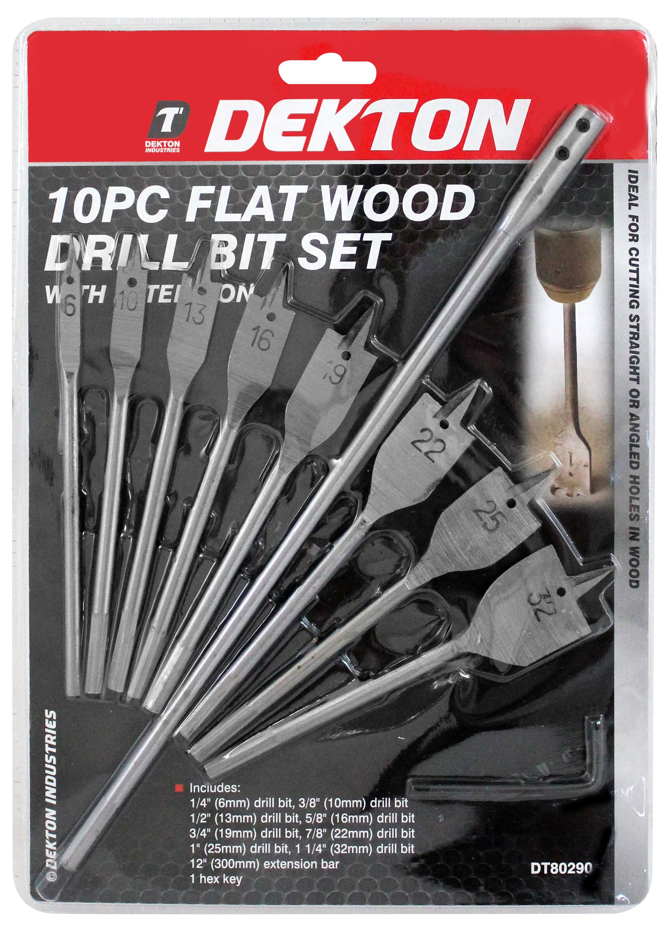 Flat Spade Wood Hole Saw Drill Bit Set 10pc 6, 10, 13, 16, 20, 22mm + Extension