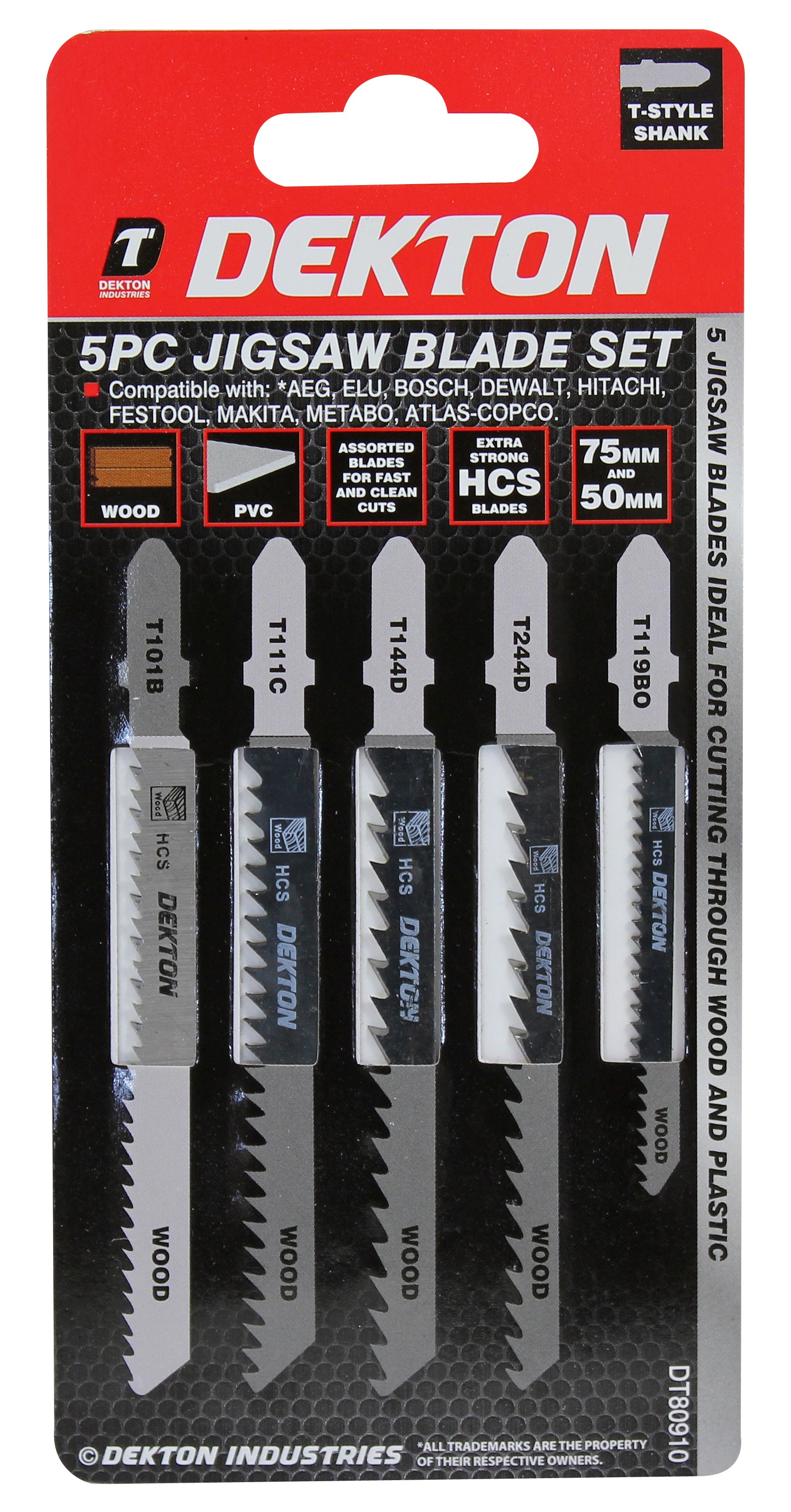 Dekton 5 Pcs T-Shank Jigsaw Blades Set For Wood For Bosch, Dewalt, Makita, Milwa