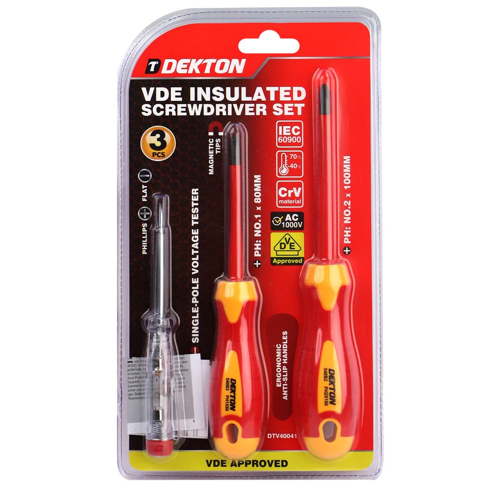 Dekton VDE Insulated Screwdriver Set Electrician Magnetic Tips Phillips Flat