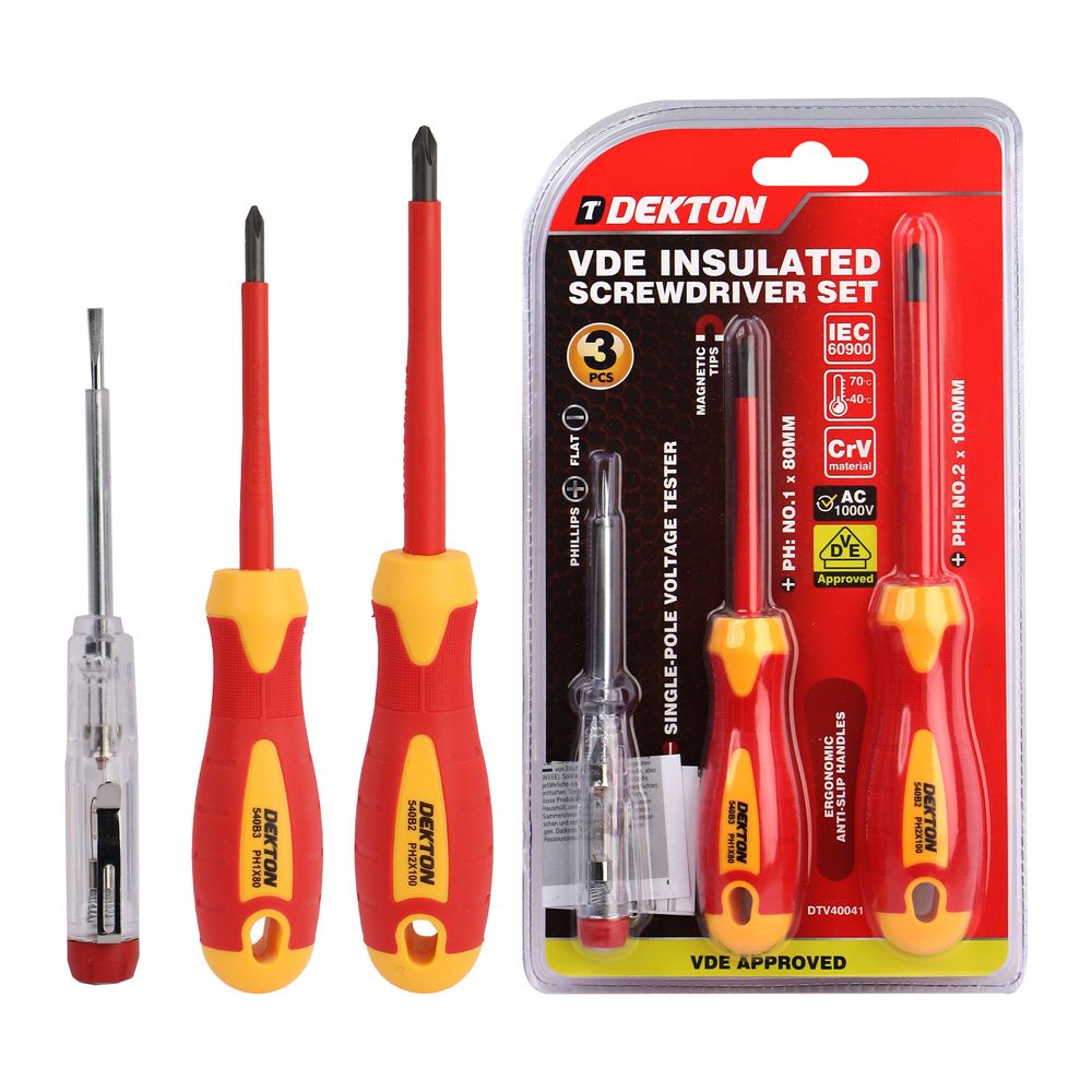 Dekton VDE Insulated Screwdriver Set Electrician Magnetic Tips Phillips Flat