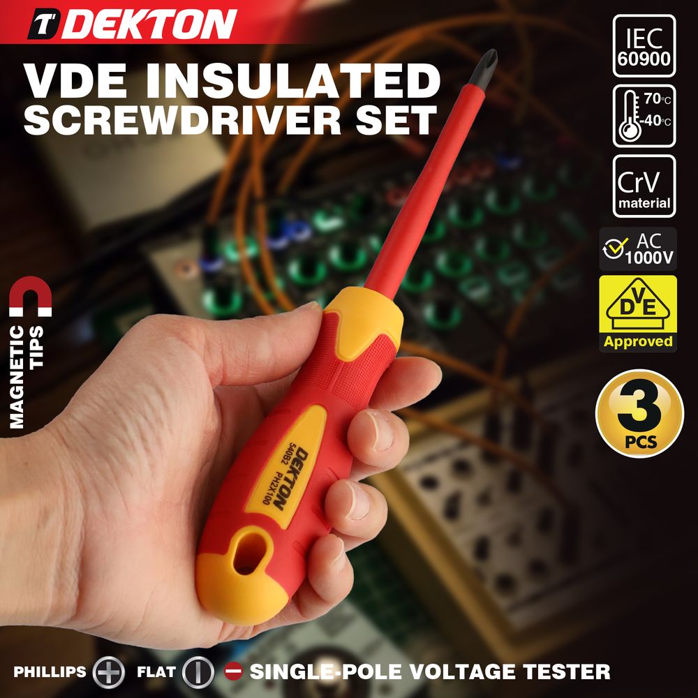 Dekton VDE Insulated Screwdriver Set Electrician Magnetic Tips Phillips Flat