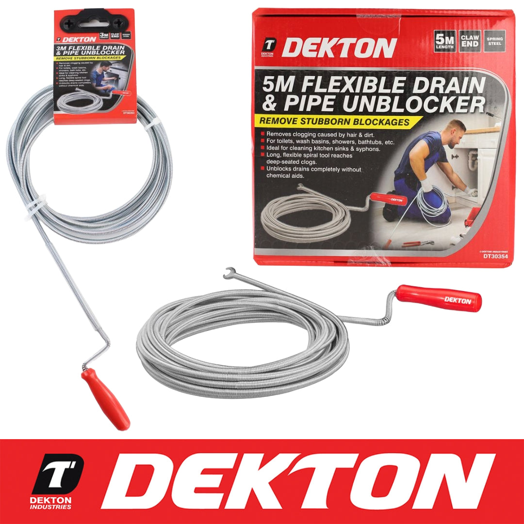 Dekton 3m 5m Drain Waste Pipe Sink Cleaner Unblocker Spring Rod Toilet Plug