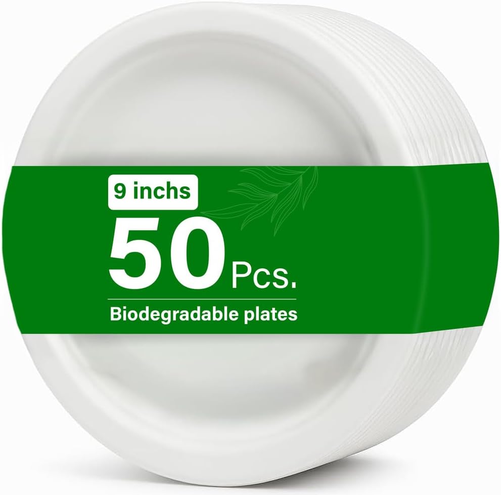 50pc Biodegradable Bagasse Plates 9”/10” Flat Compartment Plates Eco Friendly