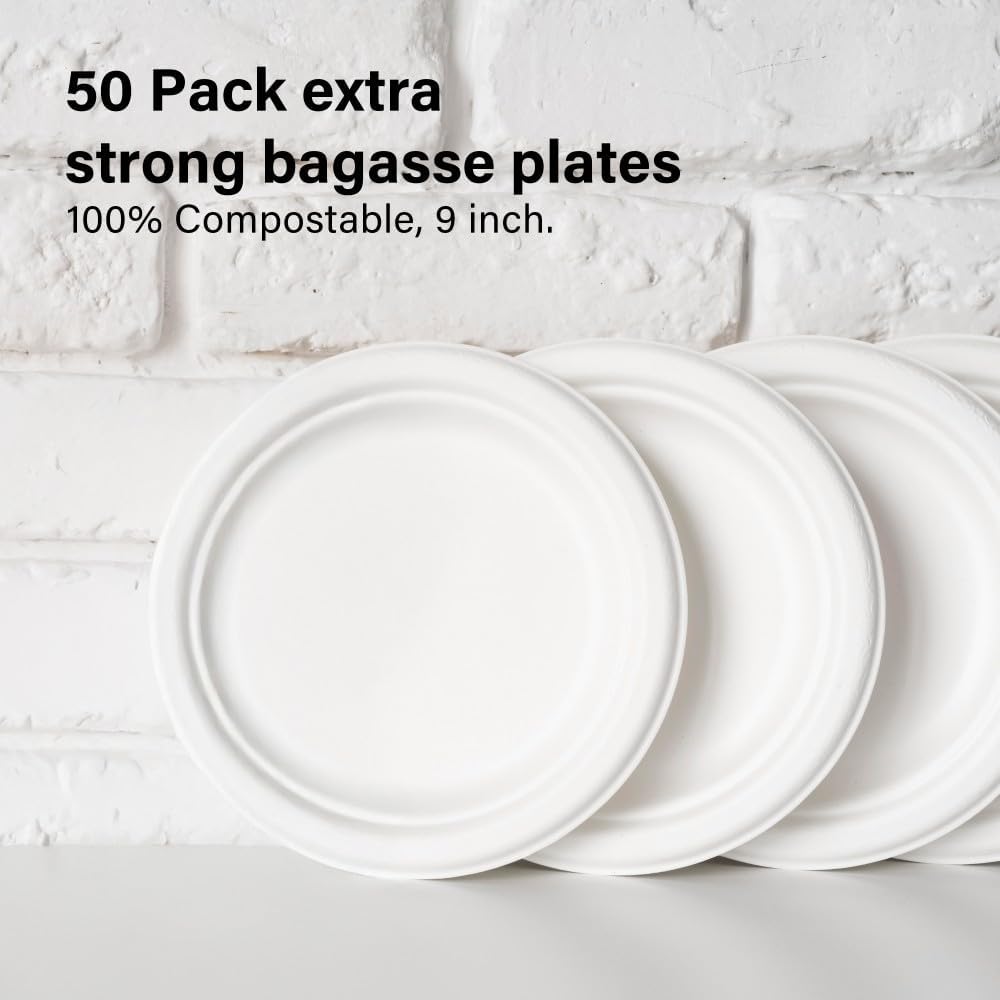 50pc Biodegradable Bagasse Plates 9”/10” Flat Compartment Plates Eco Friendly