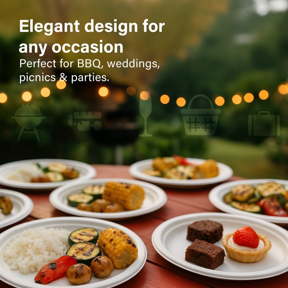 50pc Biodegradable Bagasse Plates 9”/10” Flat Compartment Plates Eco Friendly