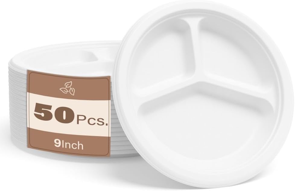 50pc Biodegradable Bagasse Plates 9”/10” Flat Compartment Plates Eco Friendly