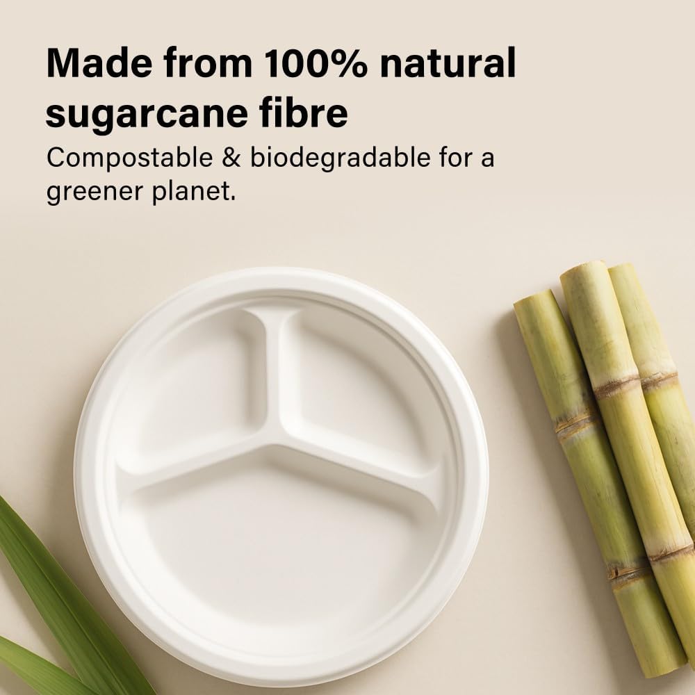 50pc Biodegradable Bagasse Plates 9”/10” Flat Compartment Plates Eco Friendly