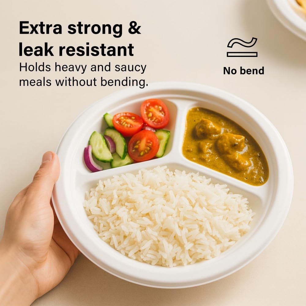 50pc Biodegradable Bagasse Plates 9”/10” Flat Compartment Plates Eco Friendly