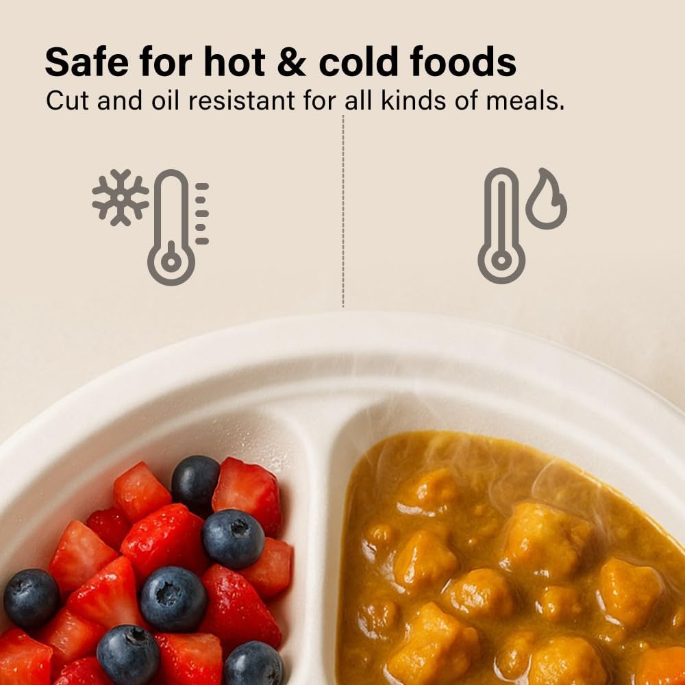 50pc Biodegradable Bagasse Plates 9”/10” Flat Compartment Plates Eco Friendly