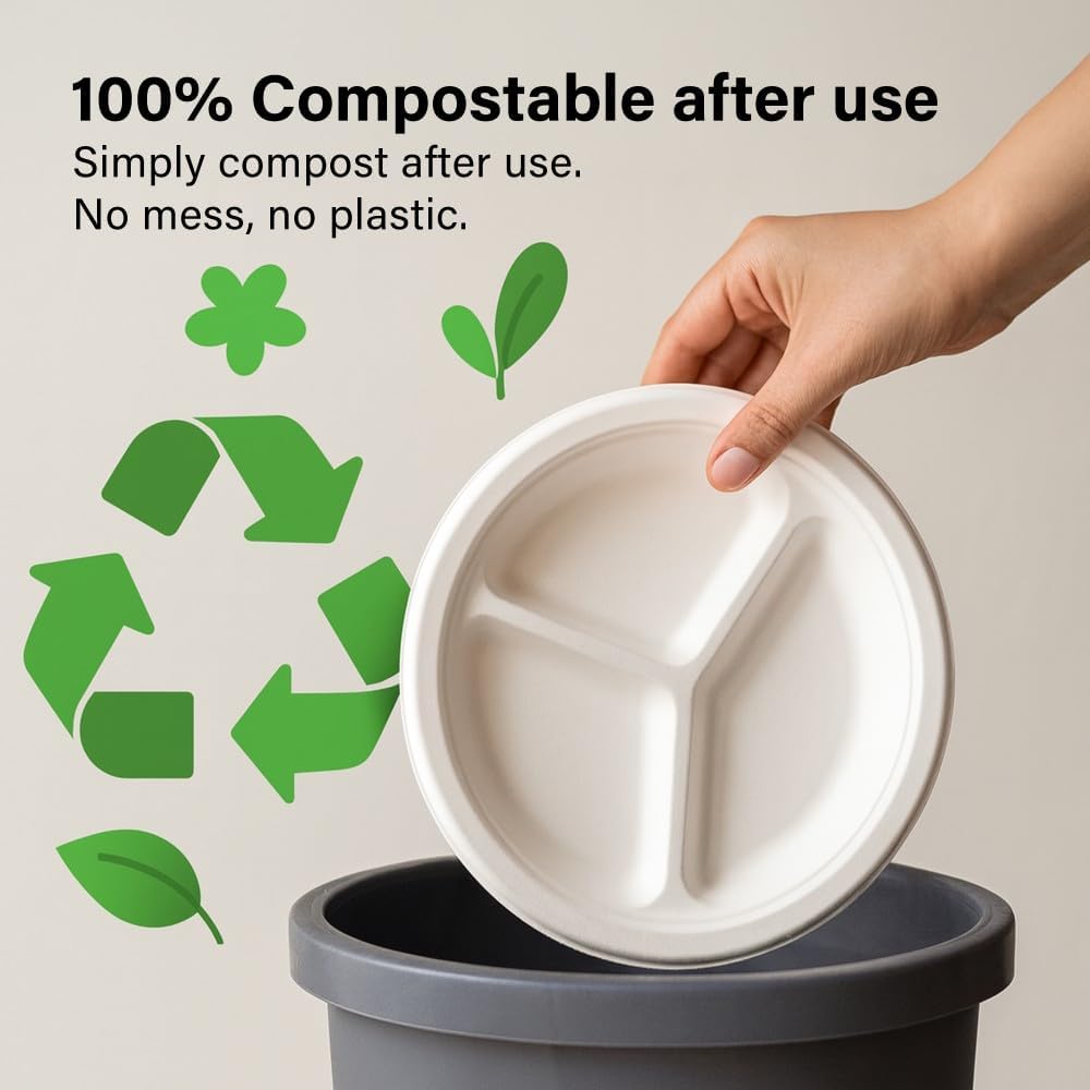 50pc Biodegradable Bagasse Plates 9”/10” Flat Compartment Plates Eco Friendly